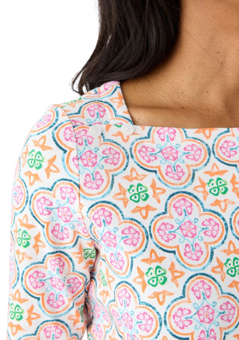 Petite 3/4 Sleeve Square Neck Trim Print T-Shirt 