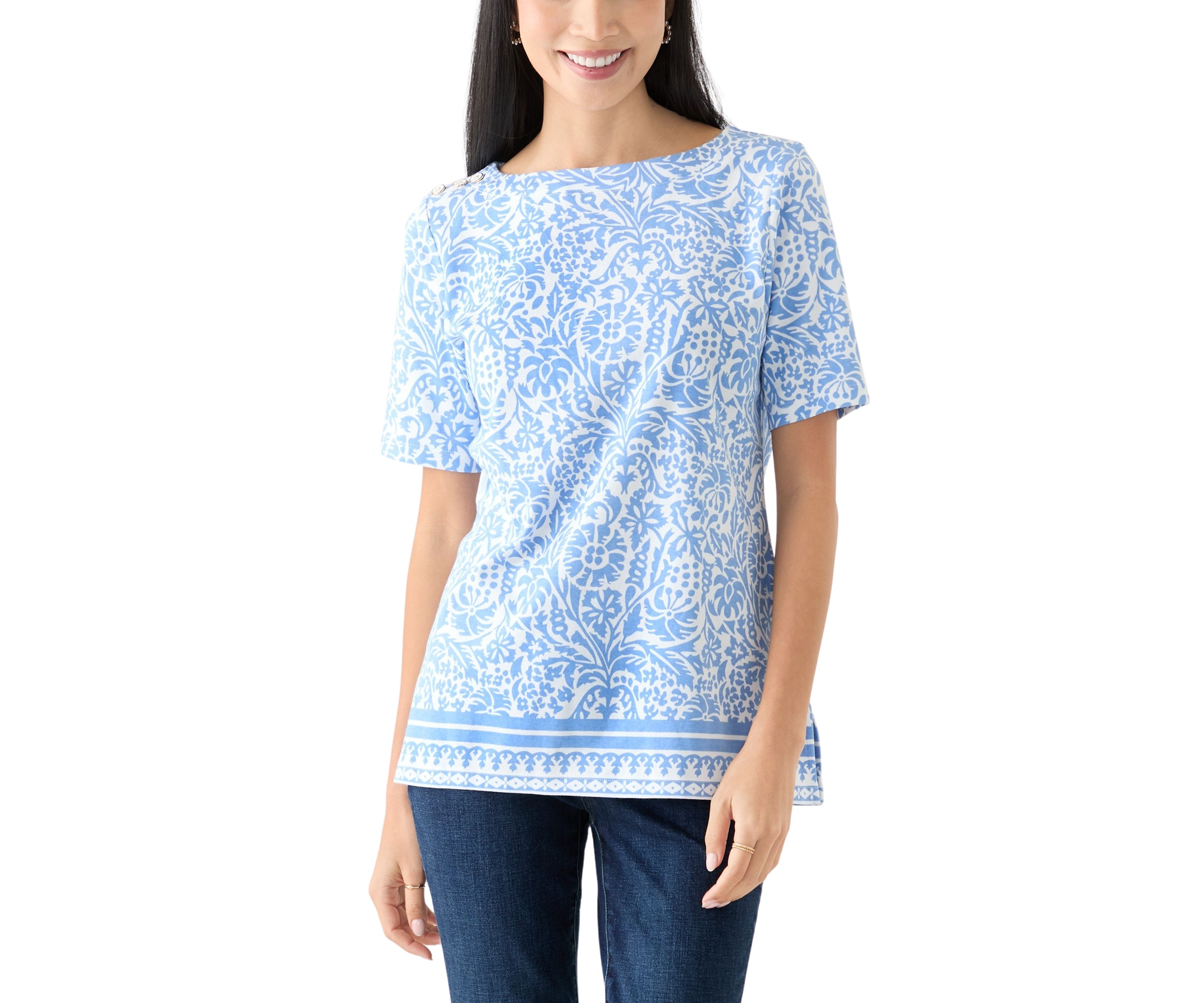 Petite Button Detail Printed Top