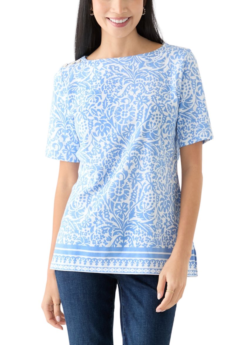 Petite Button Detail Printed Top