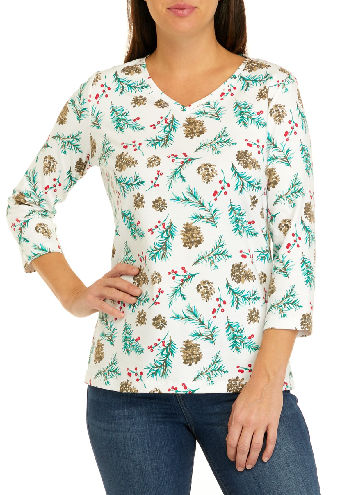 Womens 3/4 Sleeve V-Neck Allover Print Top