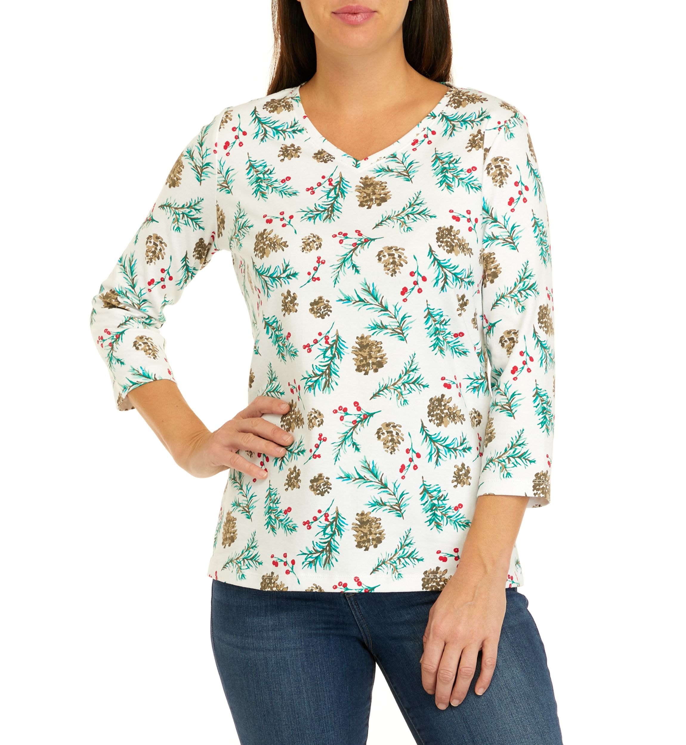 Womens 3/4 Sleeve V-Neck Allover Print Top
