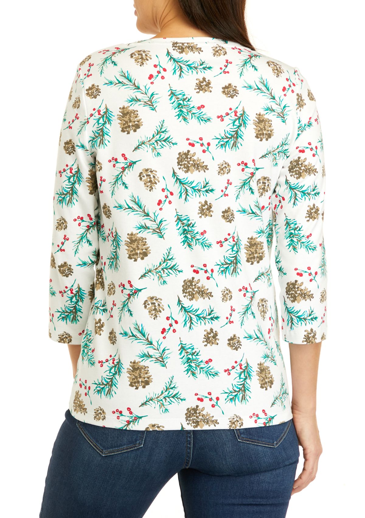 Womens 3/4 Sleeve V-Neck Allover Print Top