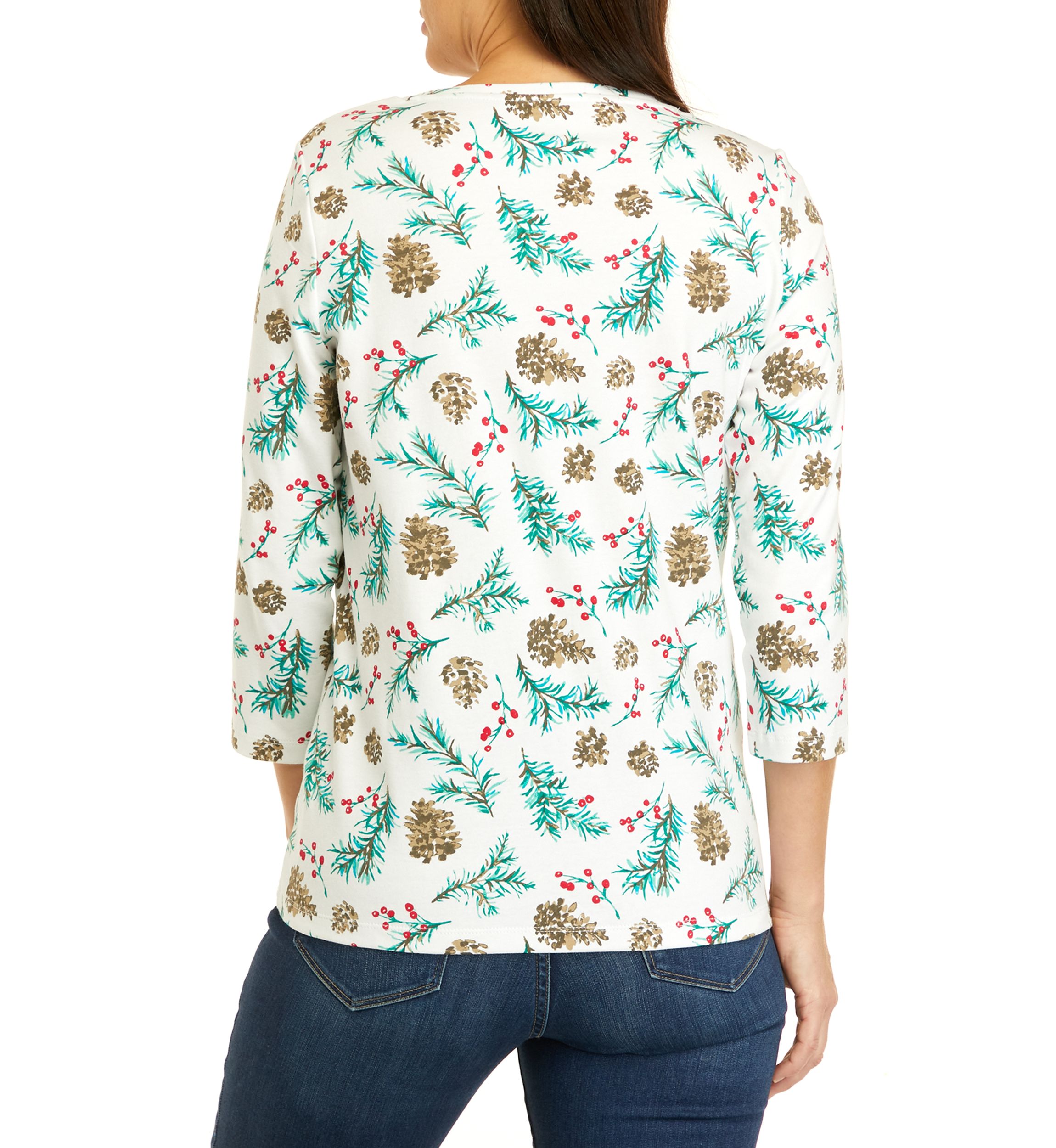 Womens 3/4 Sleeve V-Neck Allover Print Top