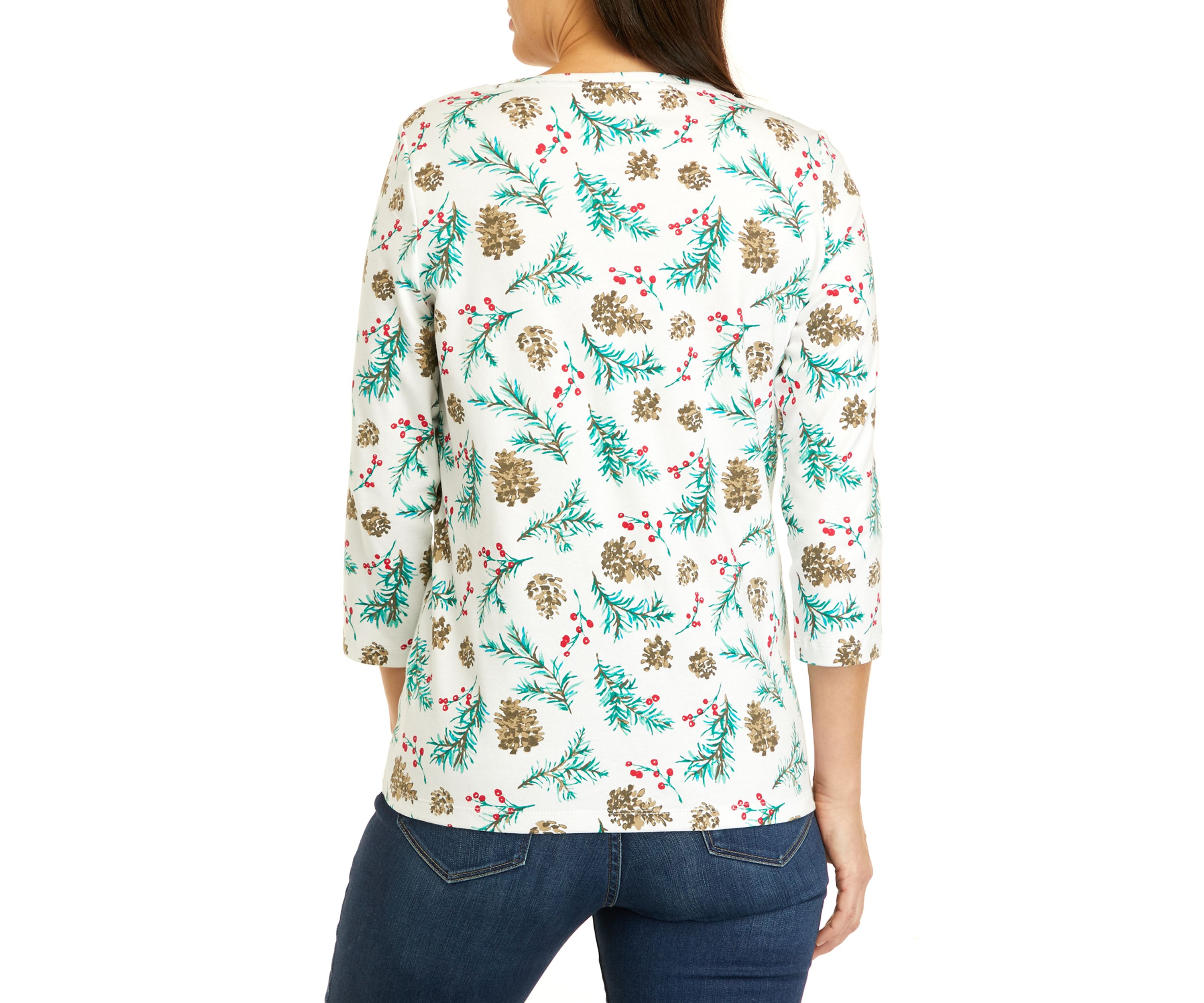 Womens 3/4 Sleeve V-Neck Allover Print Top