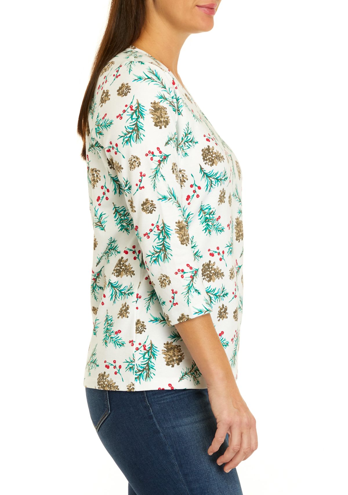 Womens 3/4 Sleeve V-Neck Allover Print Top