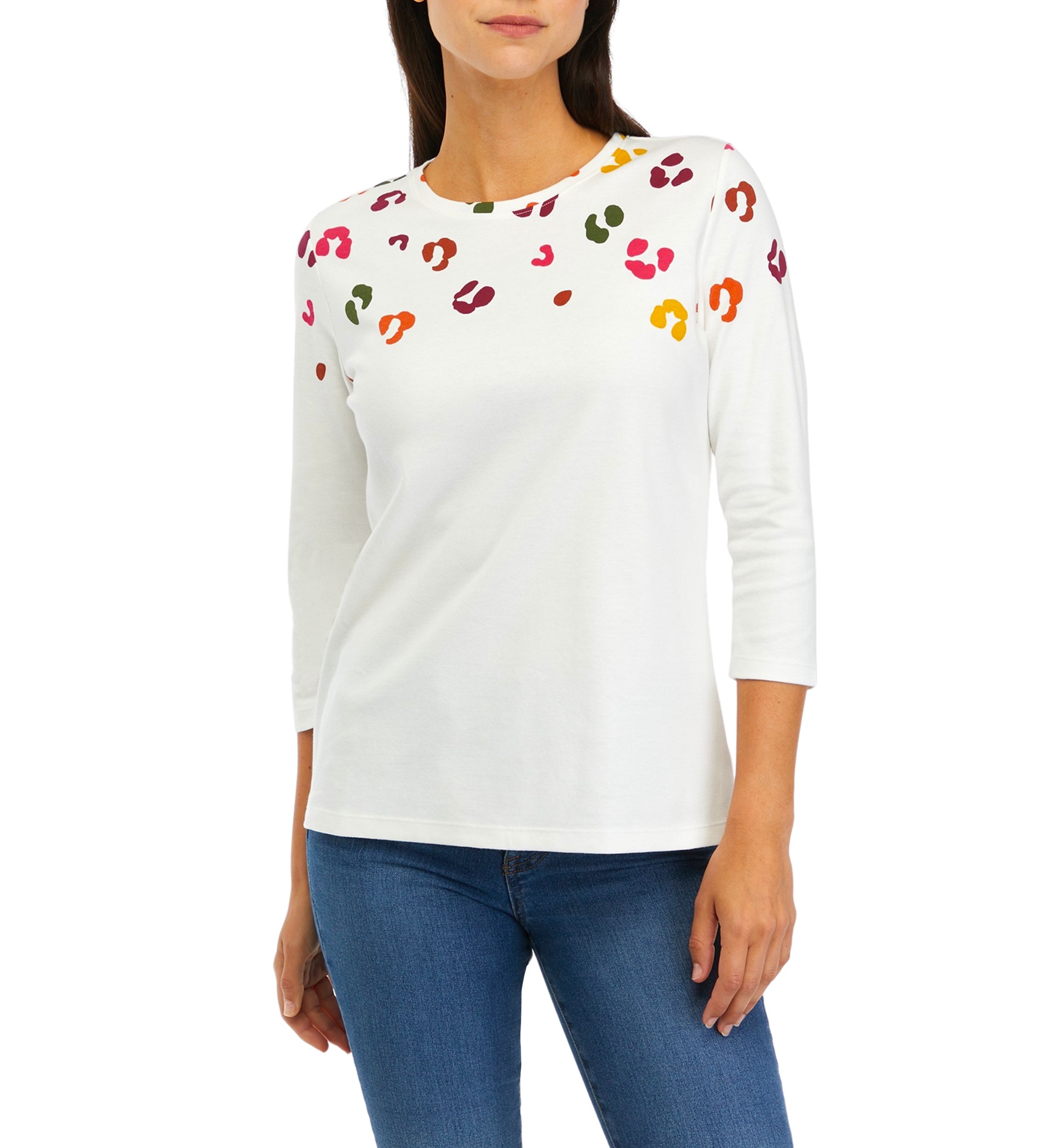 Womens 3/4 Sleeve Crew Neck Placement Print T-Shirt