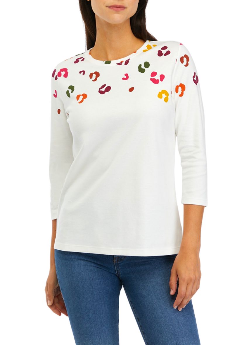 Womens 3/4 Sleeve Crew Neck Placement Print T-Shirt