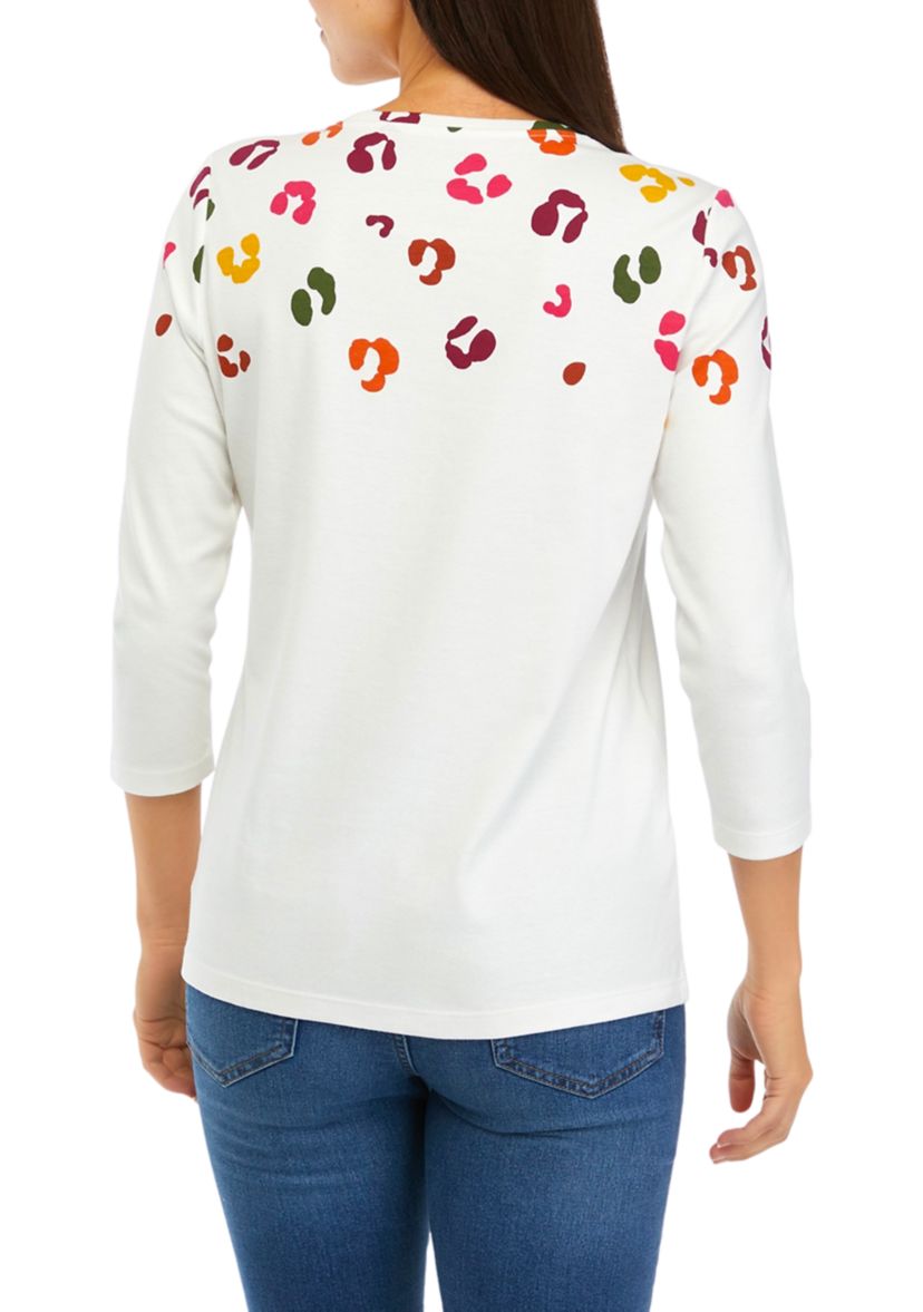 Womens 3/4 Sleeve Crew Neck Placement Print T-Shirt