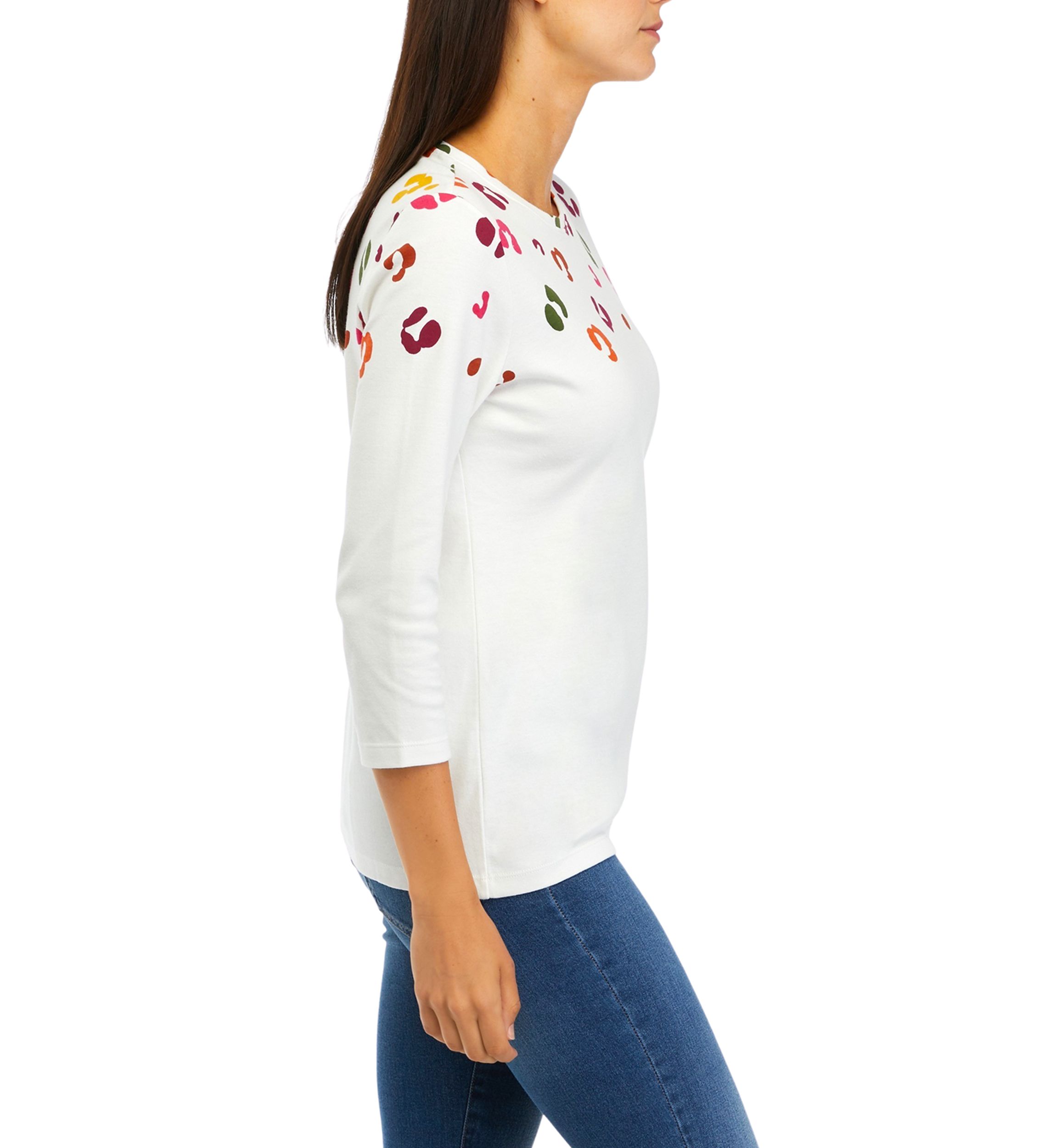 Womens 3/4 Sleeve Crew Neck Placement Print T-Shirt
