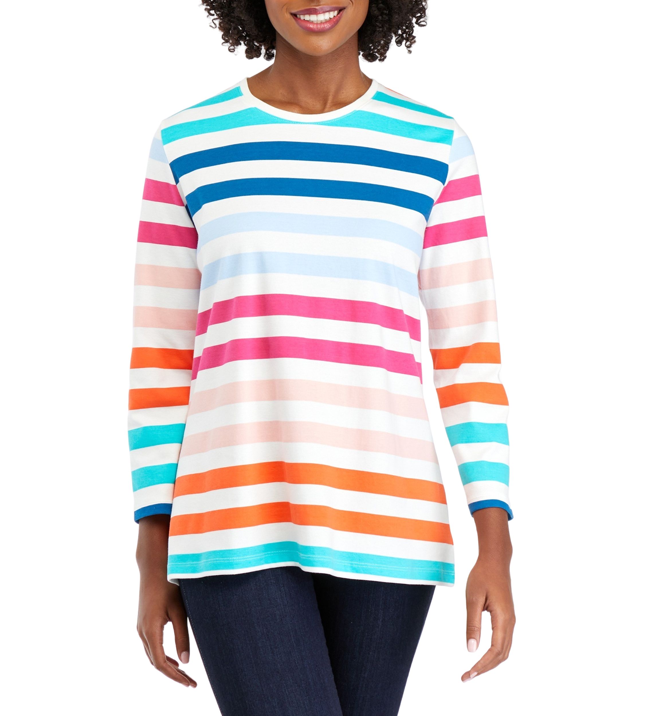 Womens 3/4 Sleeve Crew Neck Stripe Print T-Shirt