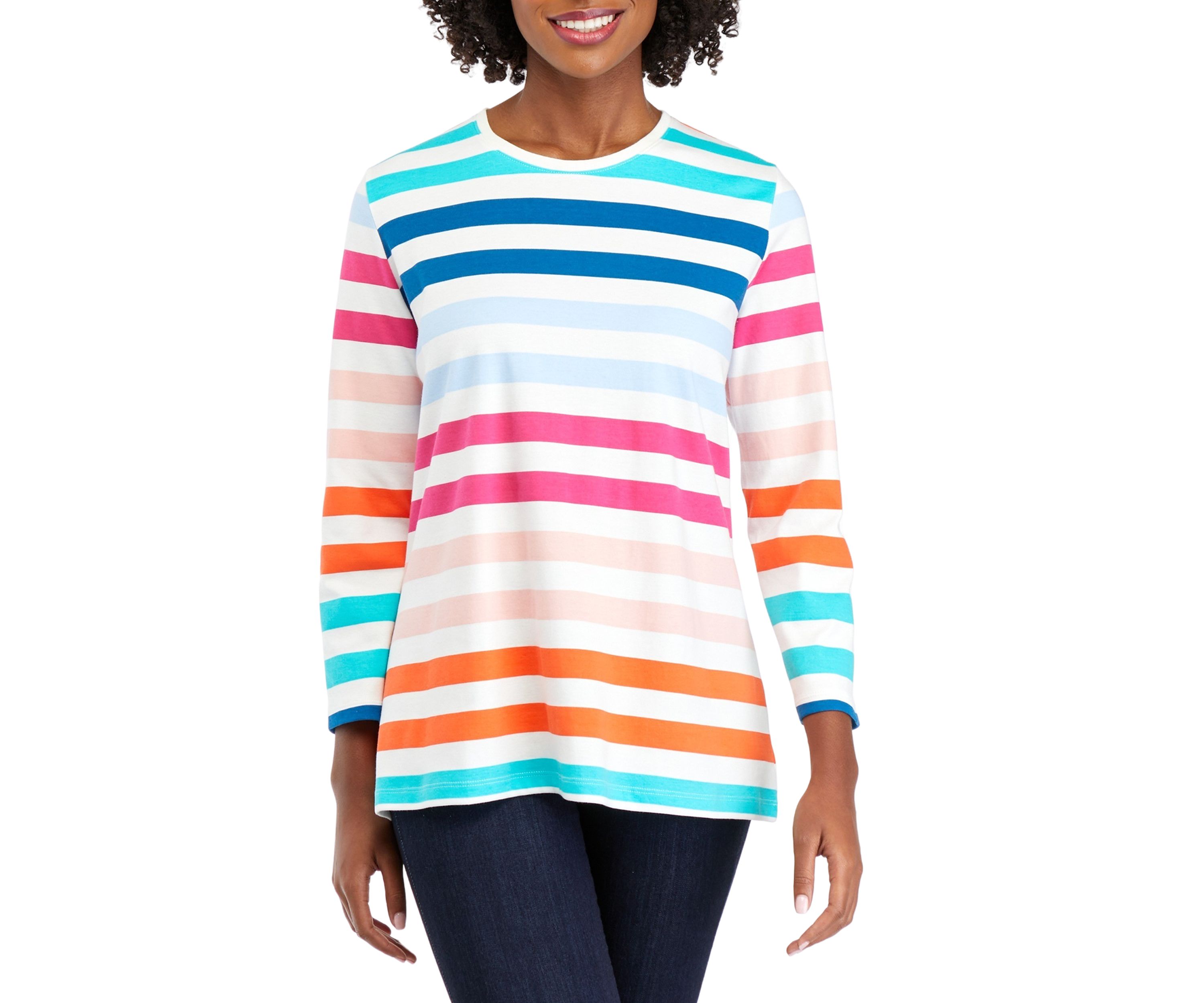 Womens 3/4 Sleeve Crew Neck Stripe Print T-Shirt