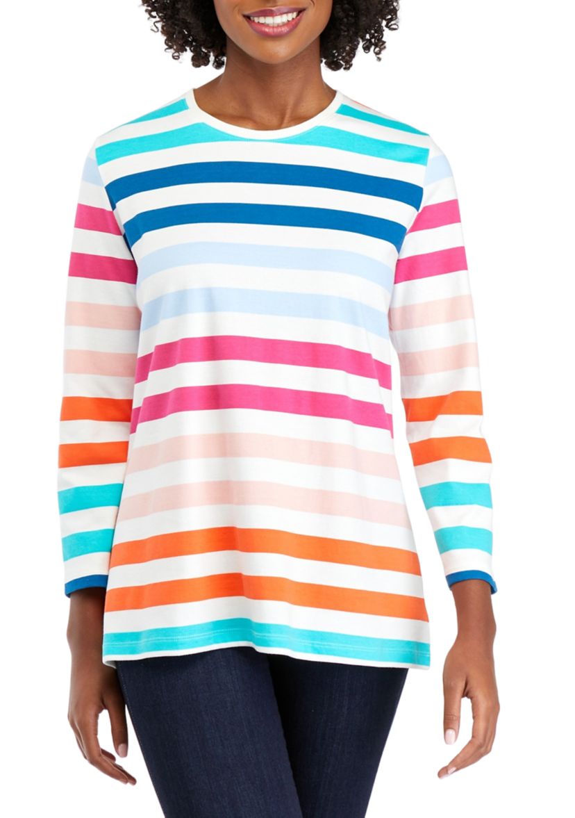 Womens 3/4 Sleeve Crew Neck Stripe Print T-Shirt