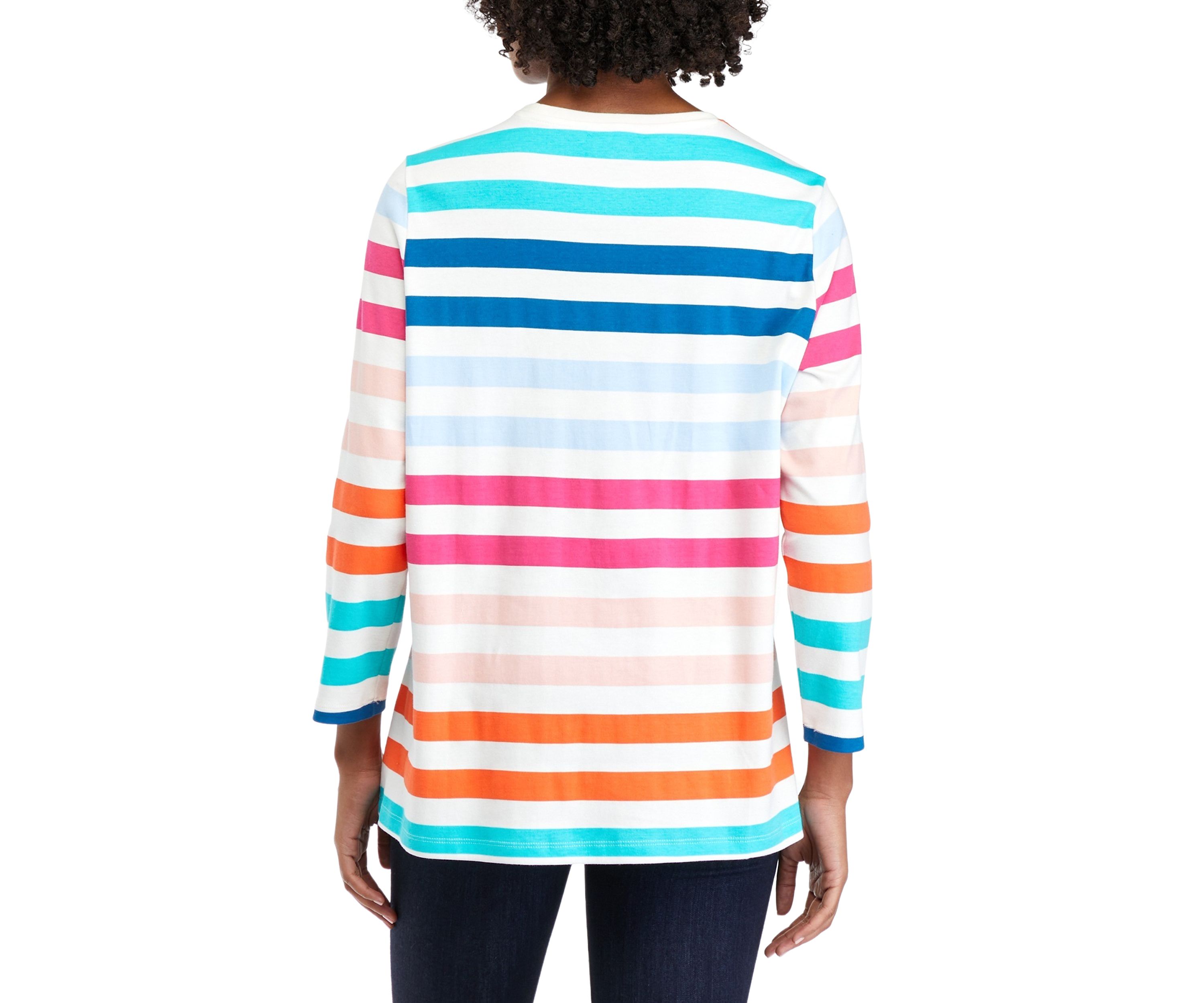 Womens 3/4 Sleeve Crew Neck Stripe Print T-Shirt