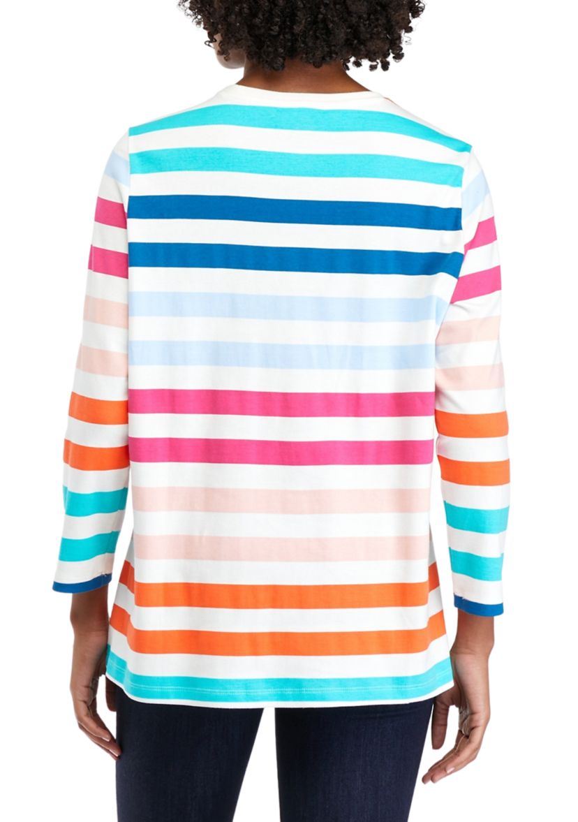 Womens 3/4 Sleeve Crew Neck Stripe Print T-Shirt
