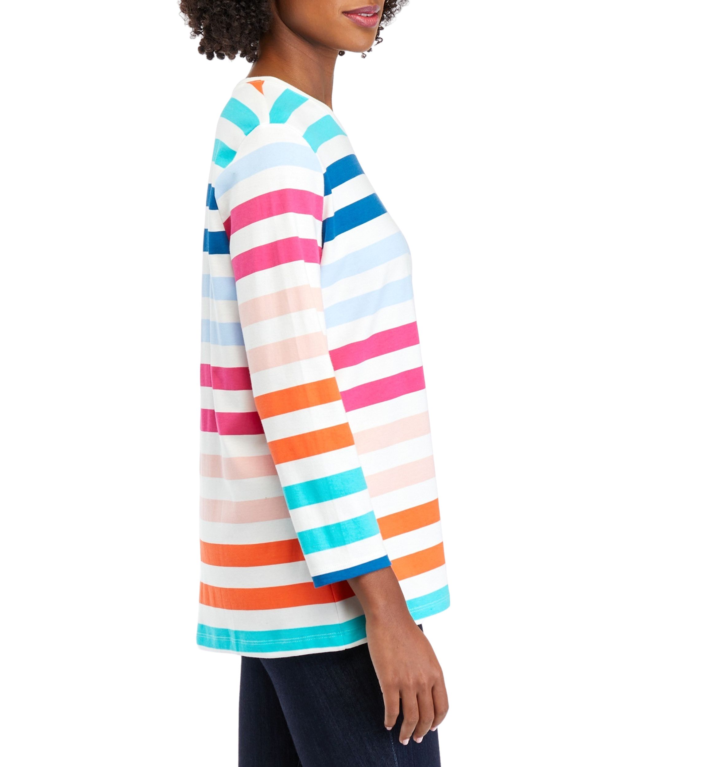 Womens 3/4 Sleeve Crew Neck Stripe Print T-Shirt
