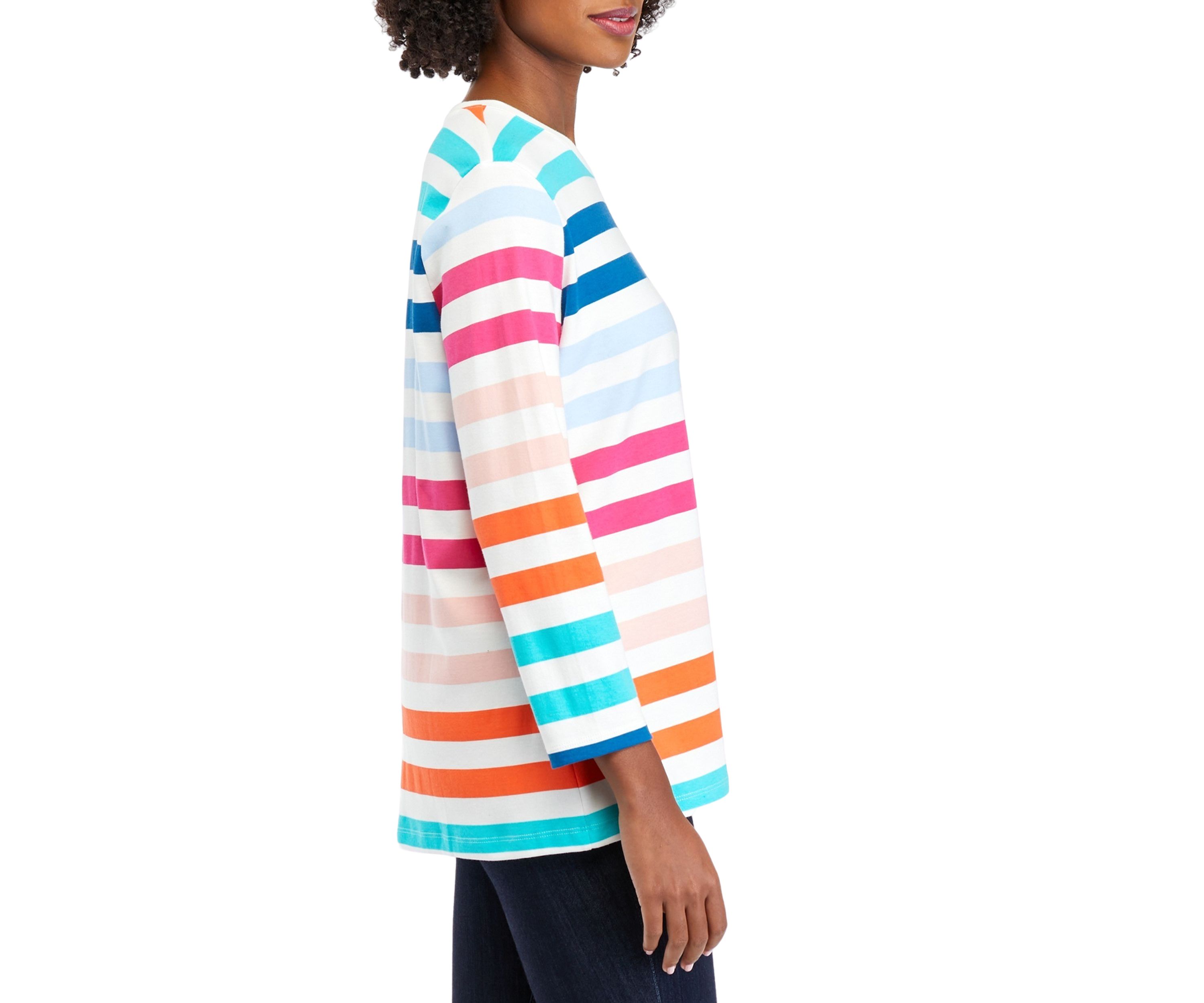 Womens 3/4 Sleeve Crew Neck Stripe Print T-Shirt