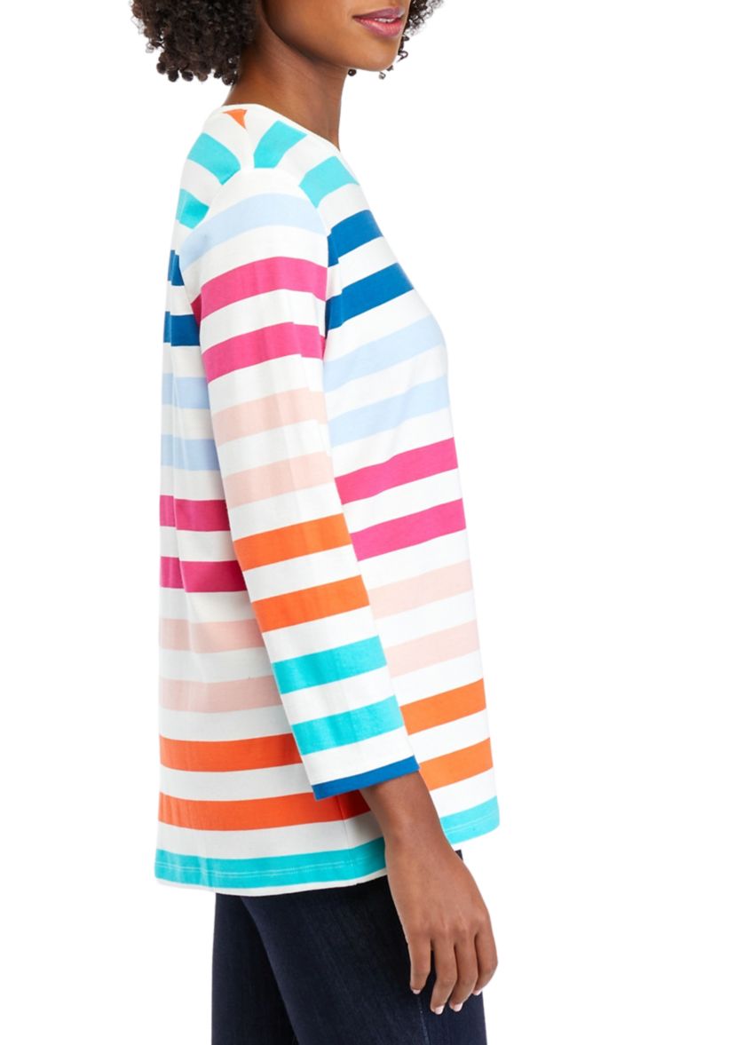 Womens 3/4 Sleeve Crew Neck Stripe Print T-Shirt