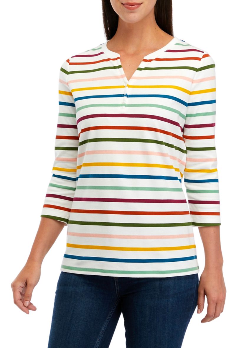 Womens 3/4 Sleeve Printed Henley Top