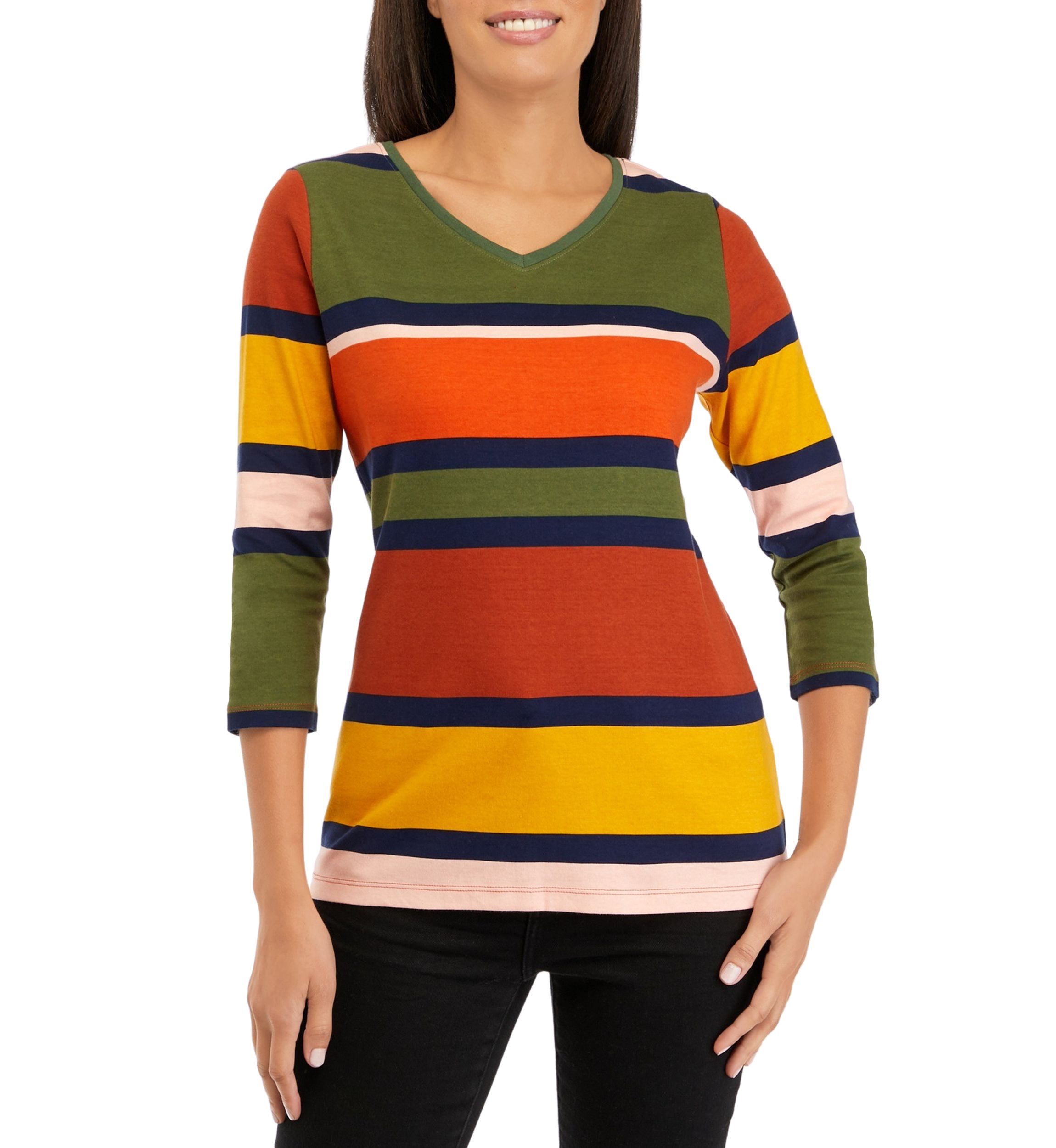 Womens 3/4 Sleeve V-Neck Striped T-Shirt