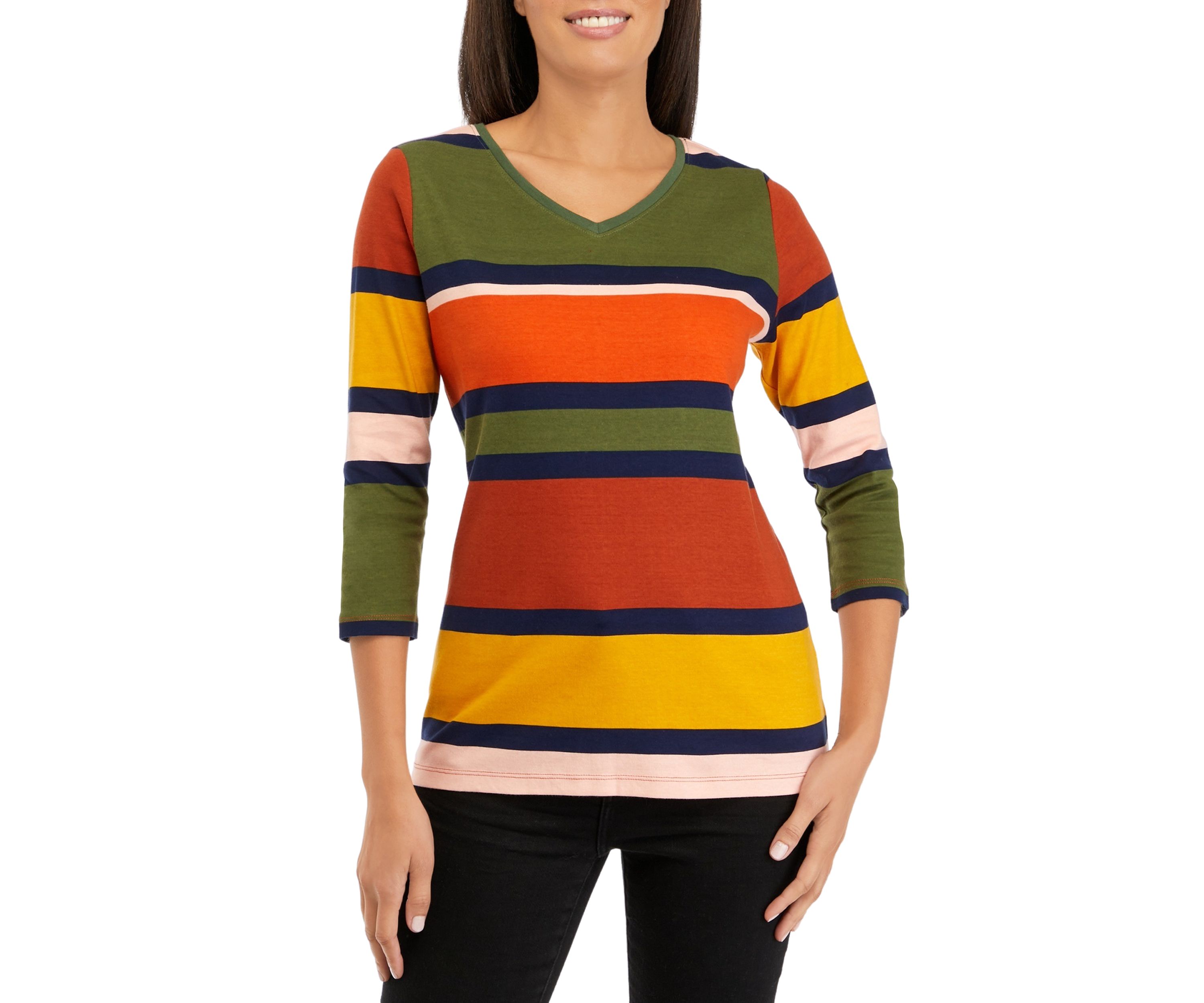 Womens 3/4 Sleeve V-Neck Striped T-Shirt