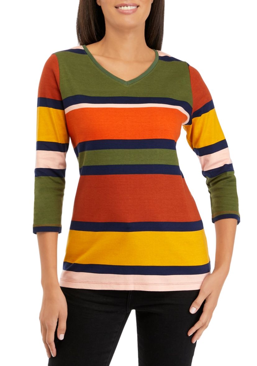 Womens 3/4 Sleeve V-Neck Striped T-Shirt