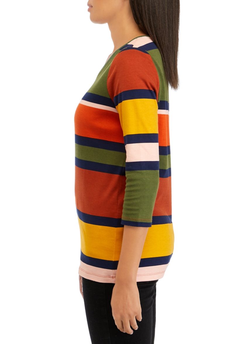 Womens 3/4 Sleeve V-Neck Striped T-Shirt