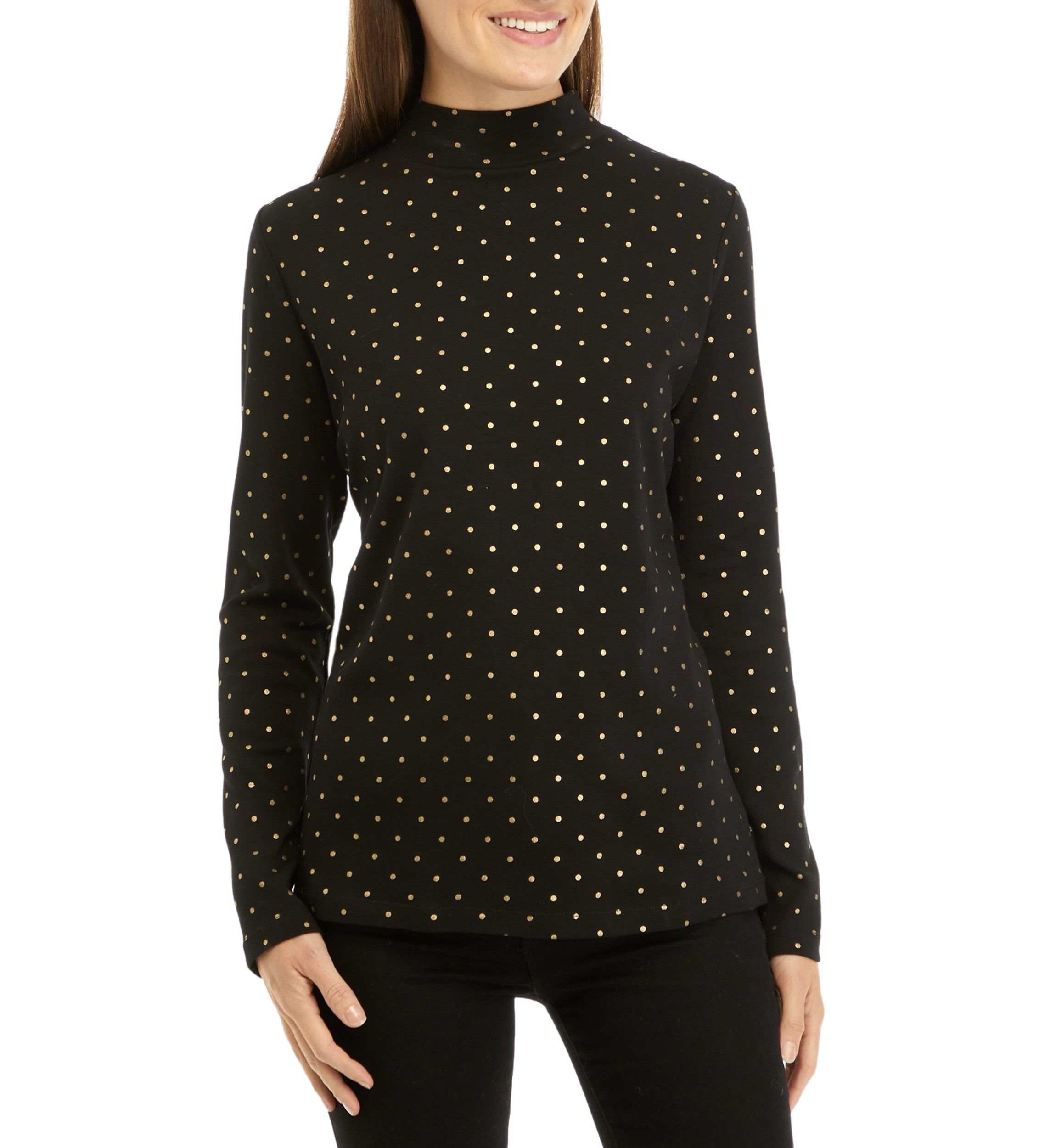 Womens Long Sleeve Mock Neck Foil Print T-Shirt
