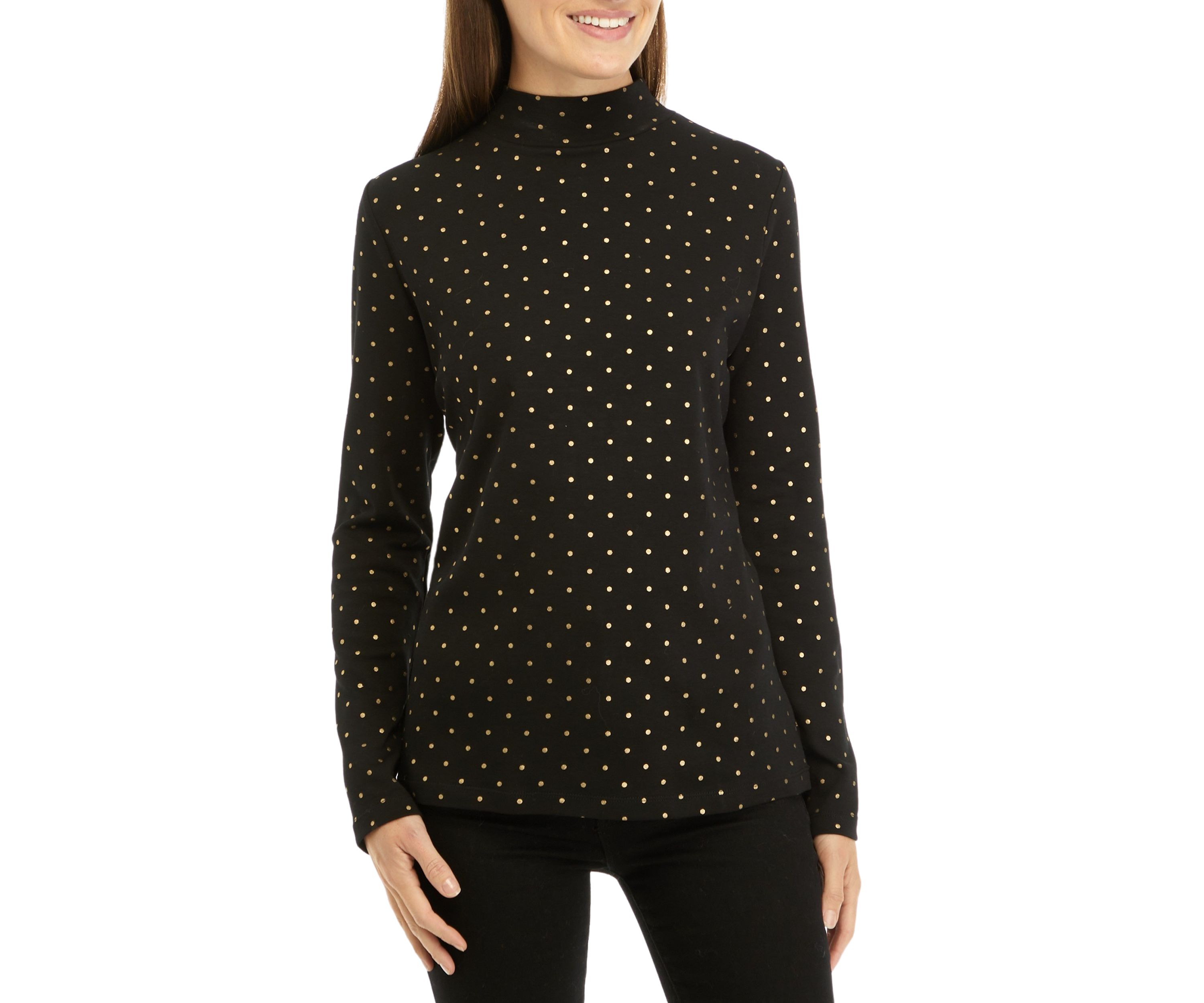 Womens Long Sleeve Mock Neck Foil Print T-Shirt