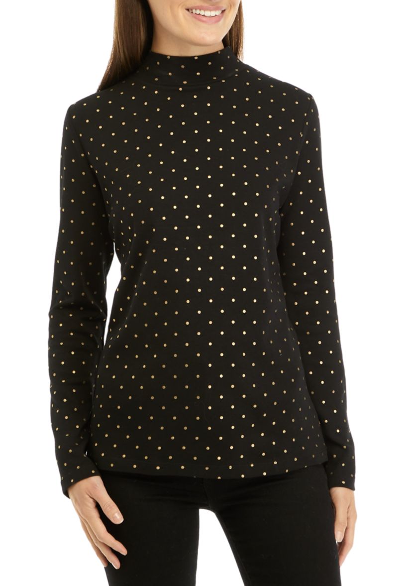 Womens Long Sleeve Mock Neck Foil Print T-Shirt