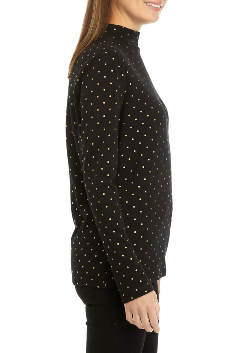 Womens Long Sleeve Mock Neck Foil Print T-Shirt