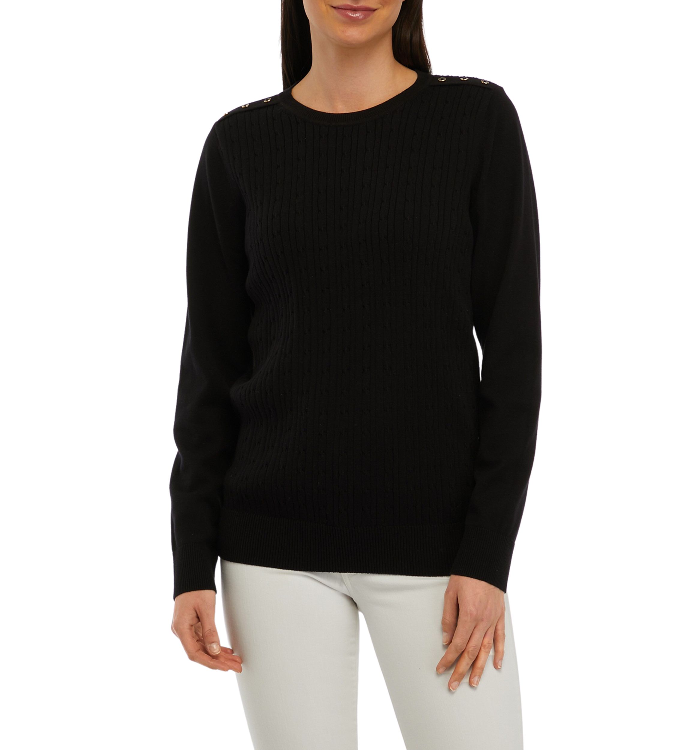 Womens Long Sleeve Cable Crew Neck Button Sweater