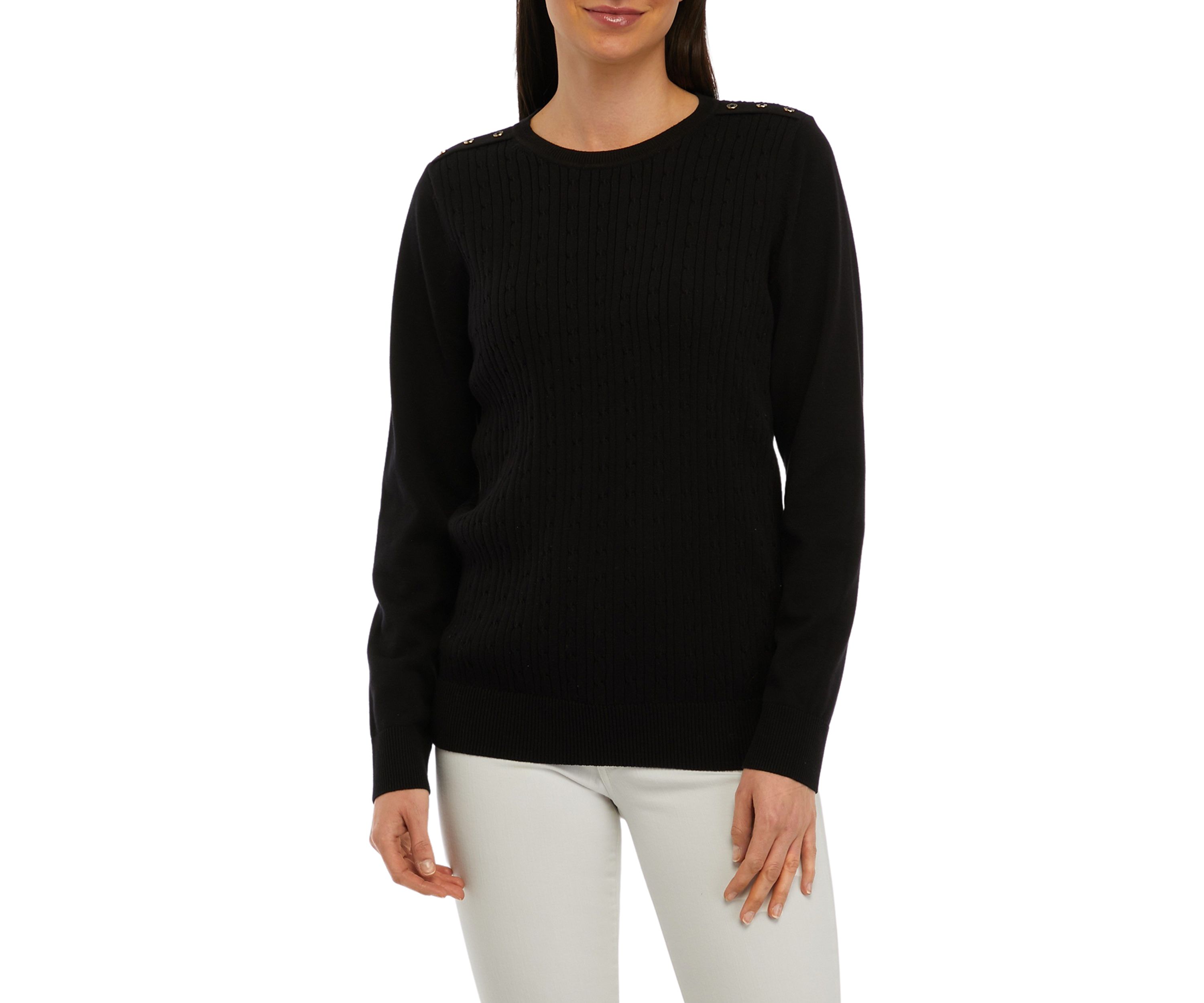 Womens Long Sleeve Cable Crew Neck Button Sweater