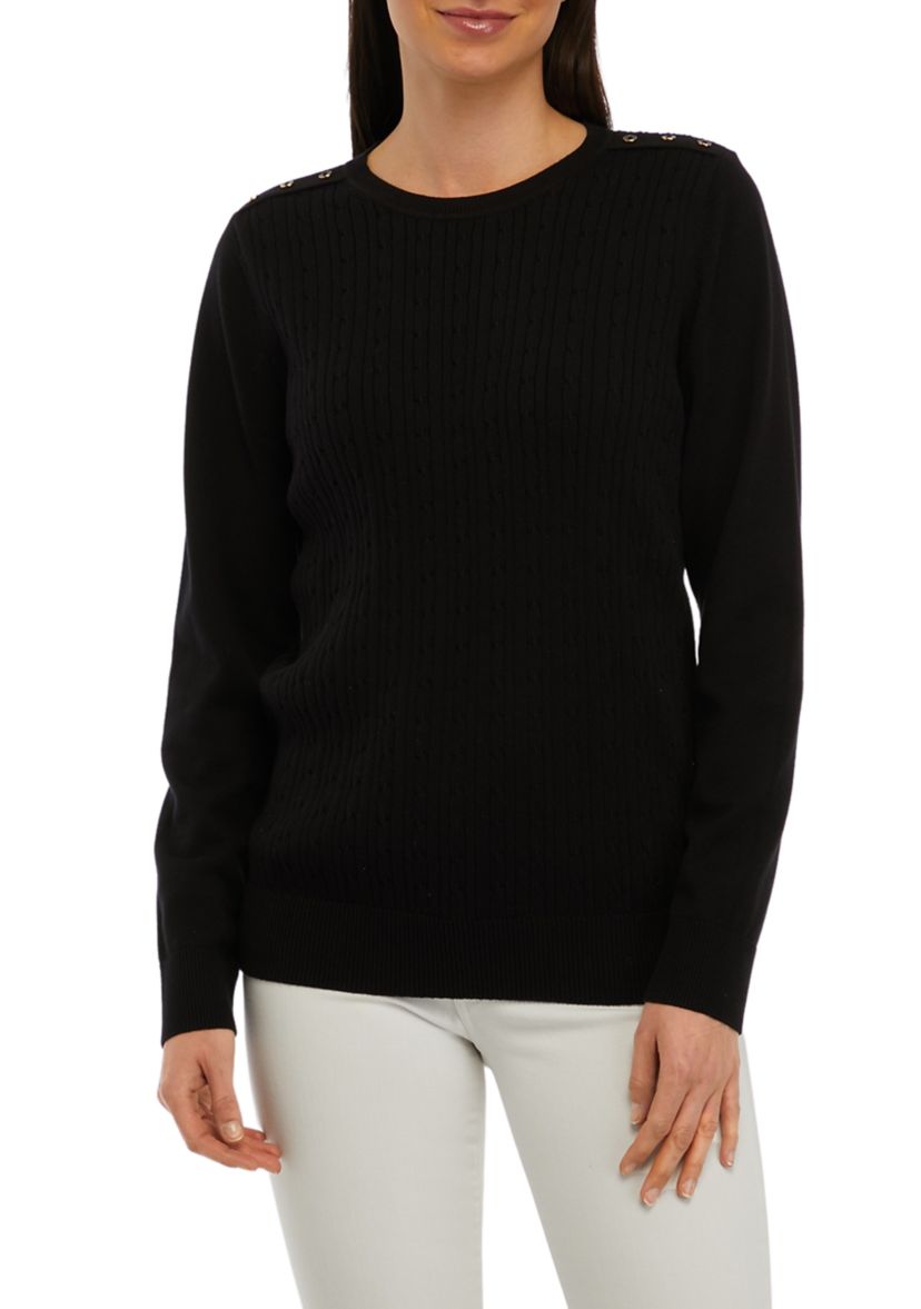Womens Long Sleeve Cable Crew Neck Button Sweater