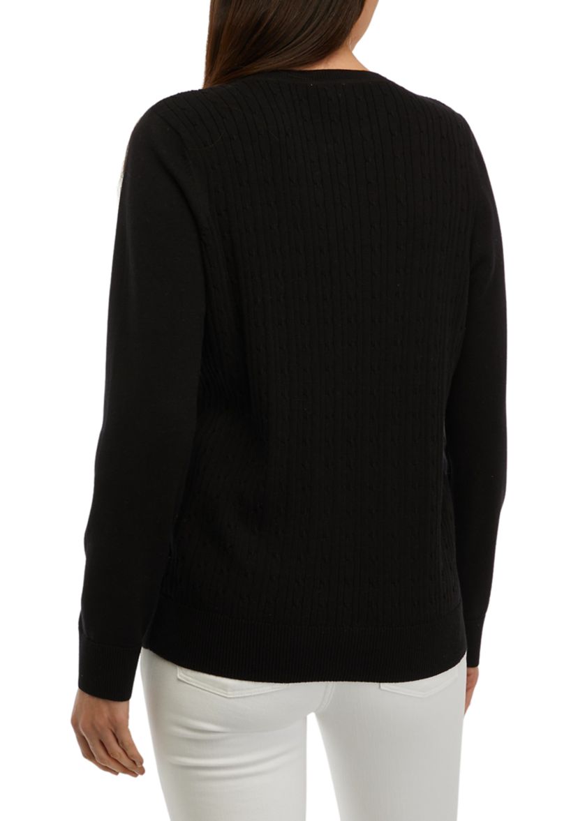 Womens Long Sleeve Cable Crew Neck Button Sweater