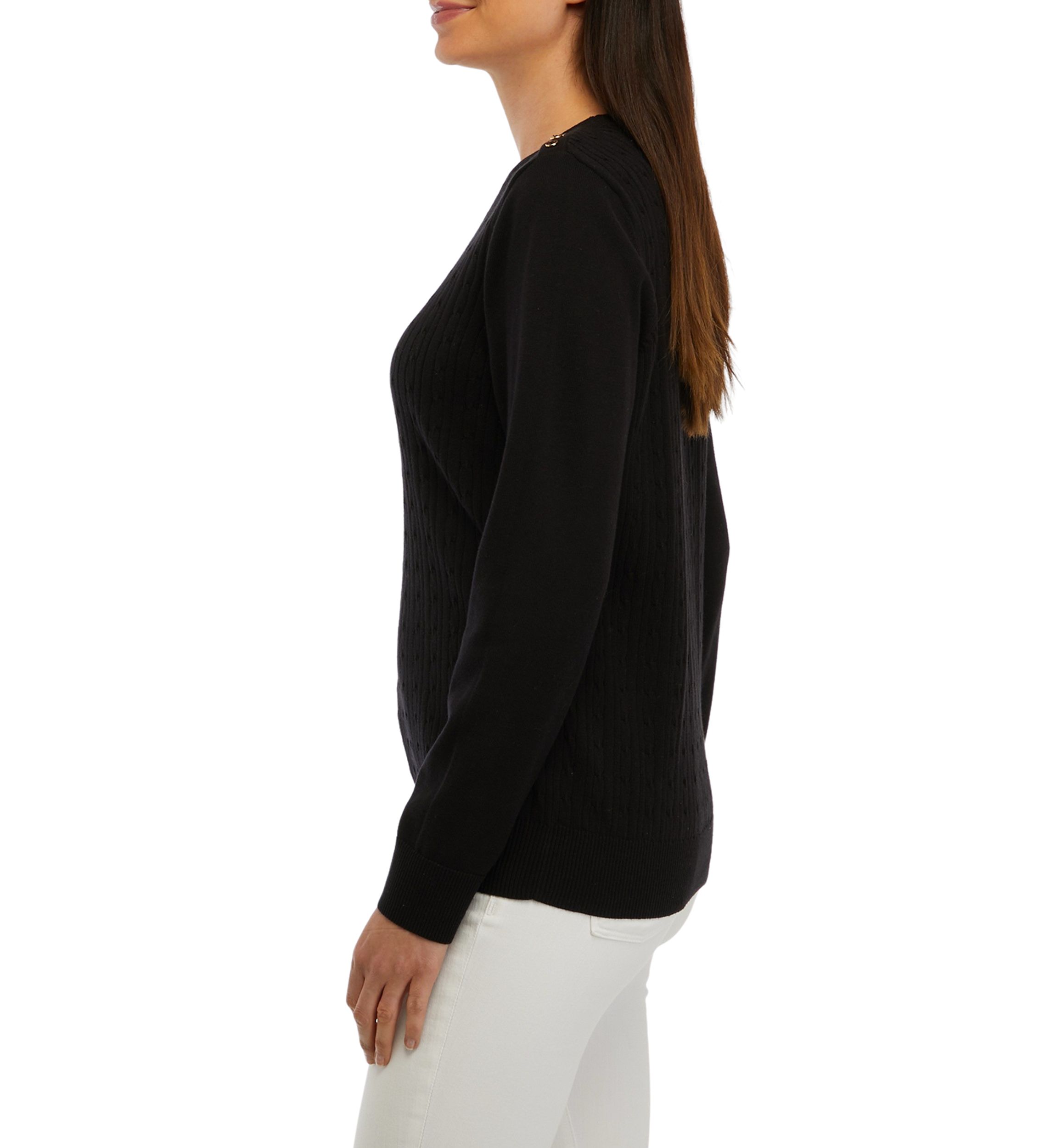 Womens Long Sleeve Cable Crew Neck Button Sweater