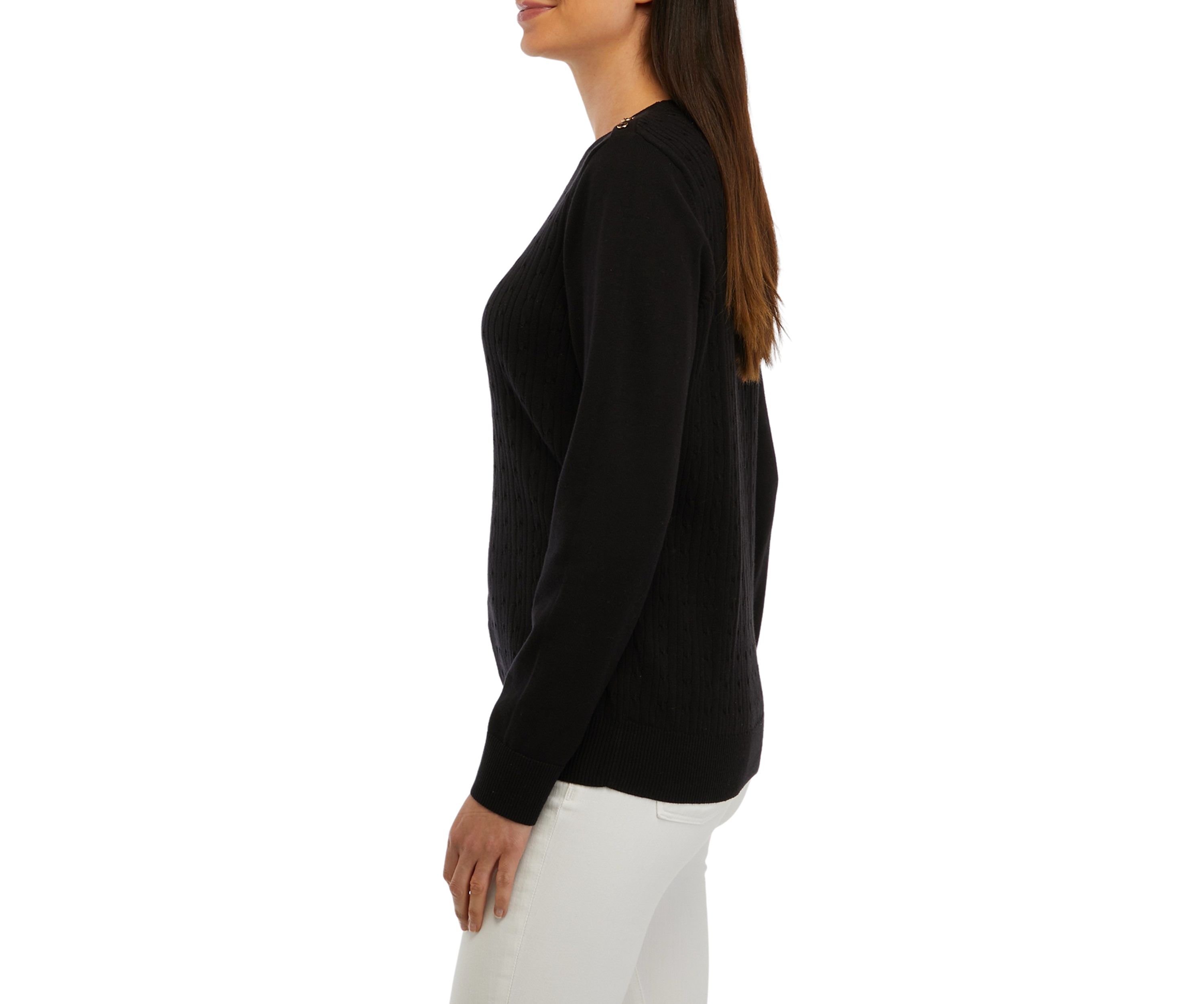 Womens Long Sleeve Cable Crew Neck Button Sweater