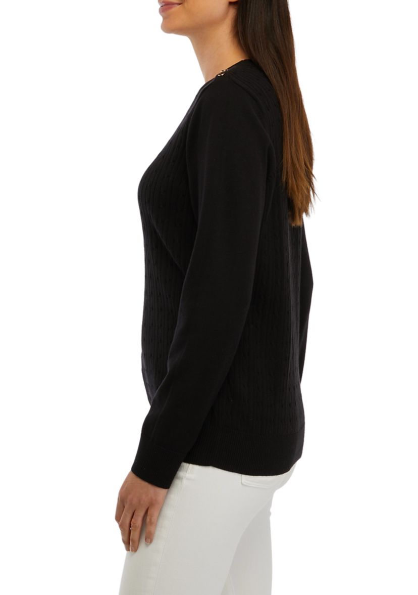 Womens Long Sleeve Cable Crew Neck Button Sweater