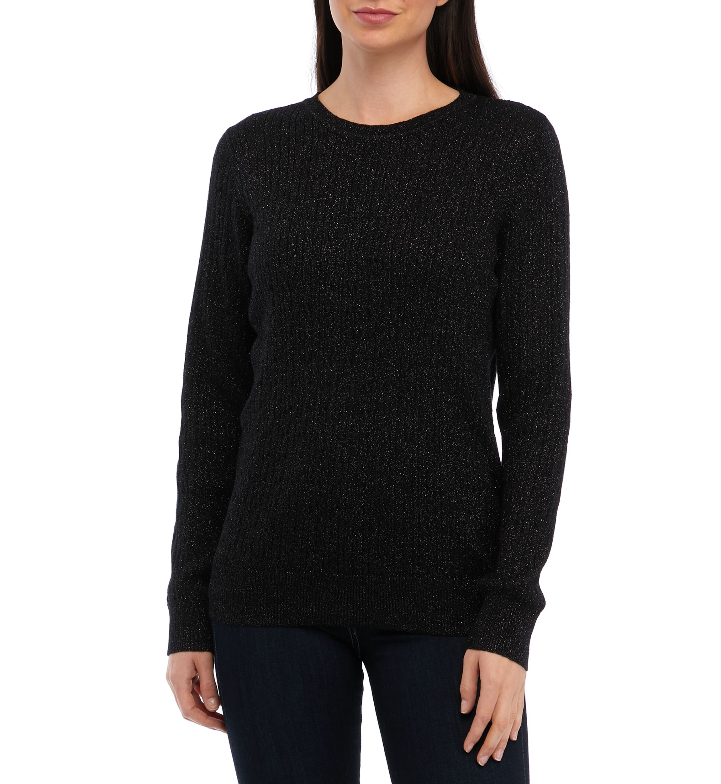 Womens Long Sleeve Cable Crew Neck Lurex Sweater