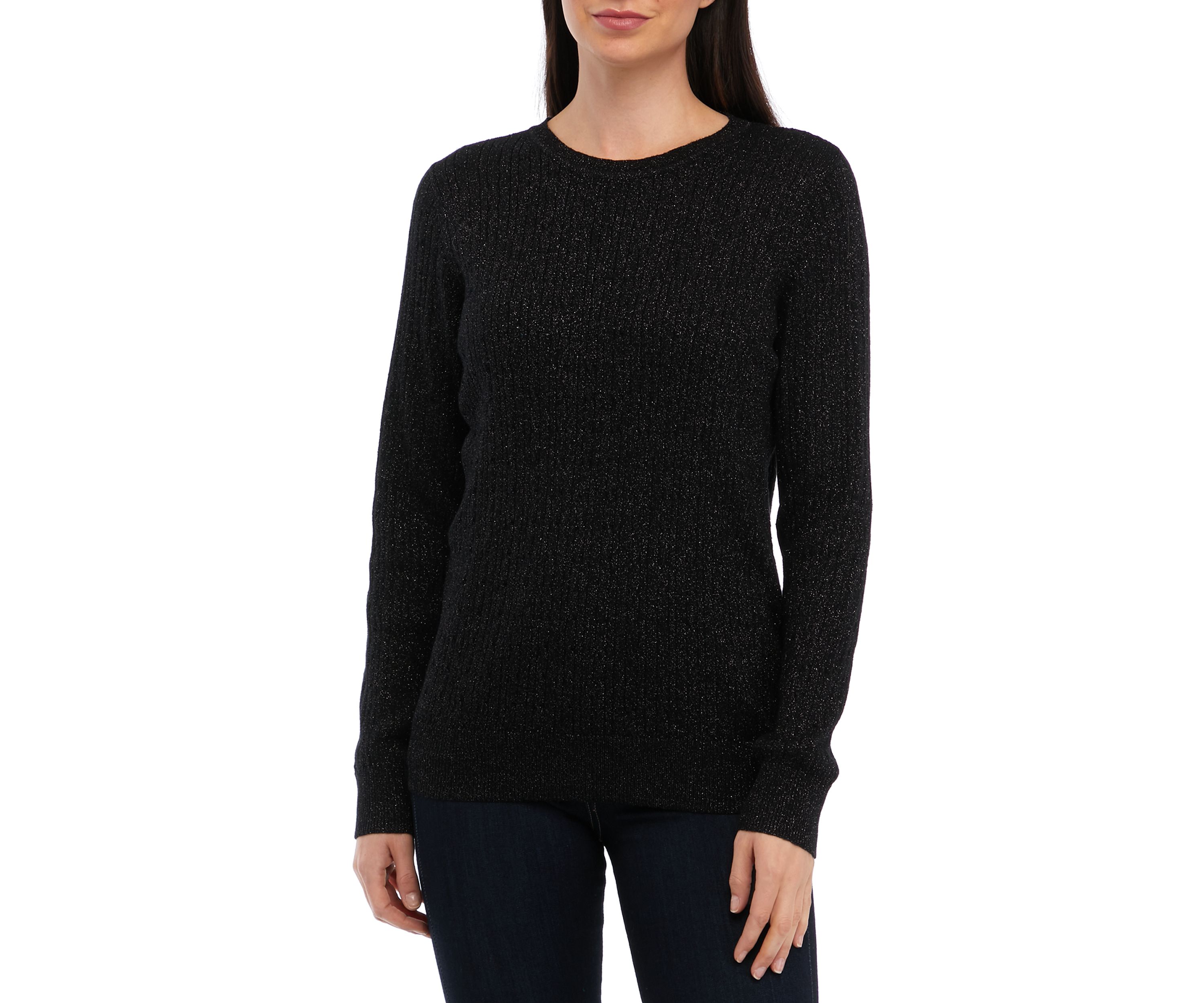 Womens Long Sleeve Cable Crew Neck Lurex Sweater