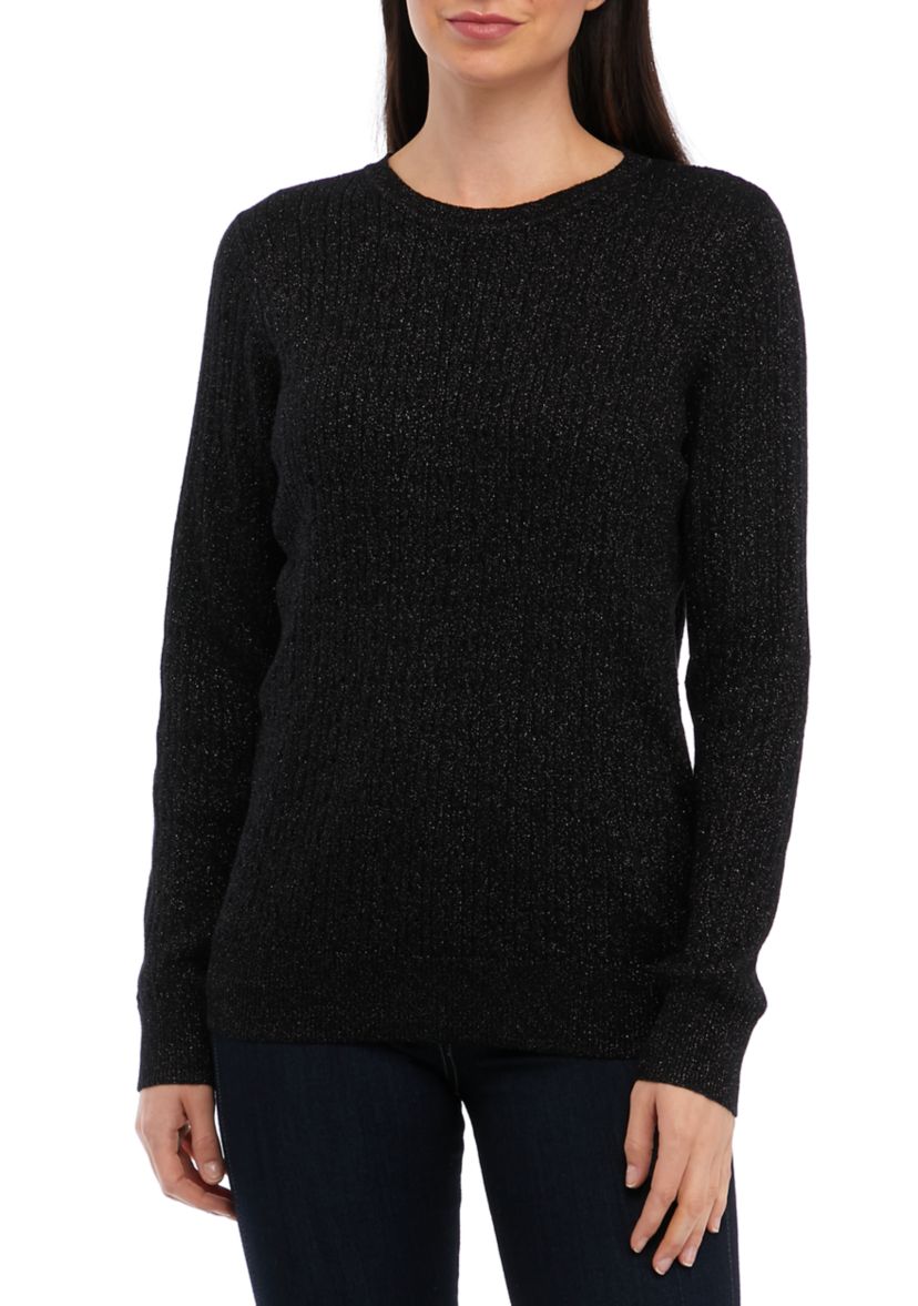 Womens Long Sleeve Cable Crew Neck Lurex Sweater