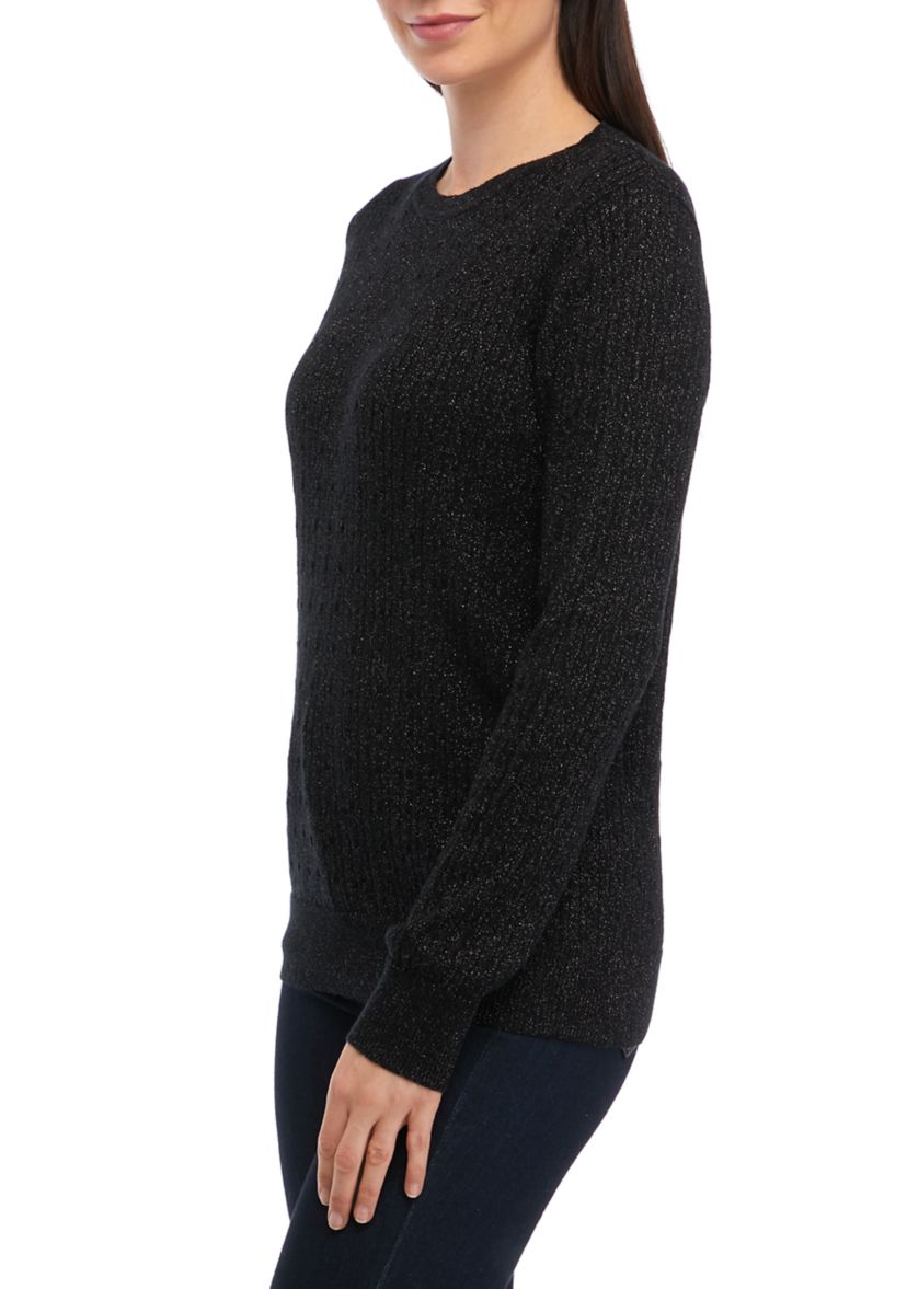 Womens Long Sleeve Cable Crew Neck Lurex Sweater