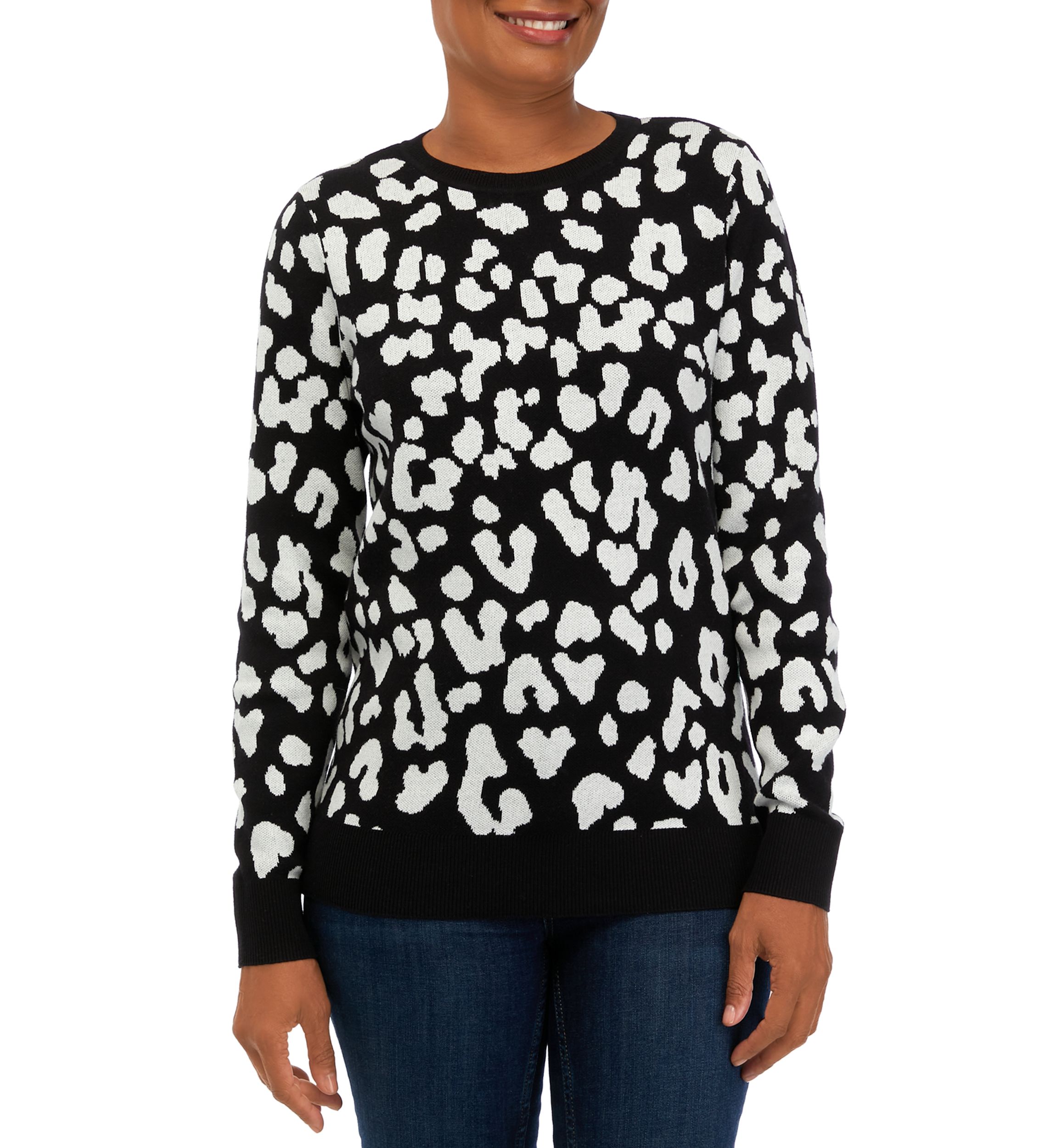Womens Long Sleeve Crew Neck Jacquard Sweater