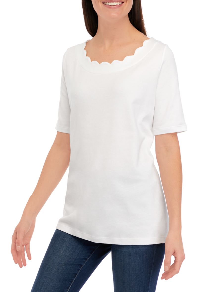 Womens Short Sleeve Scallop Solid Shirt