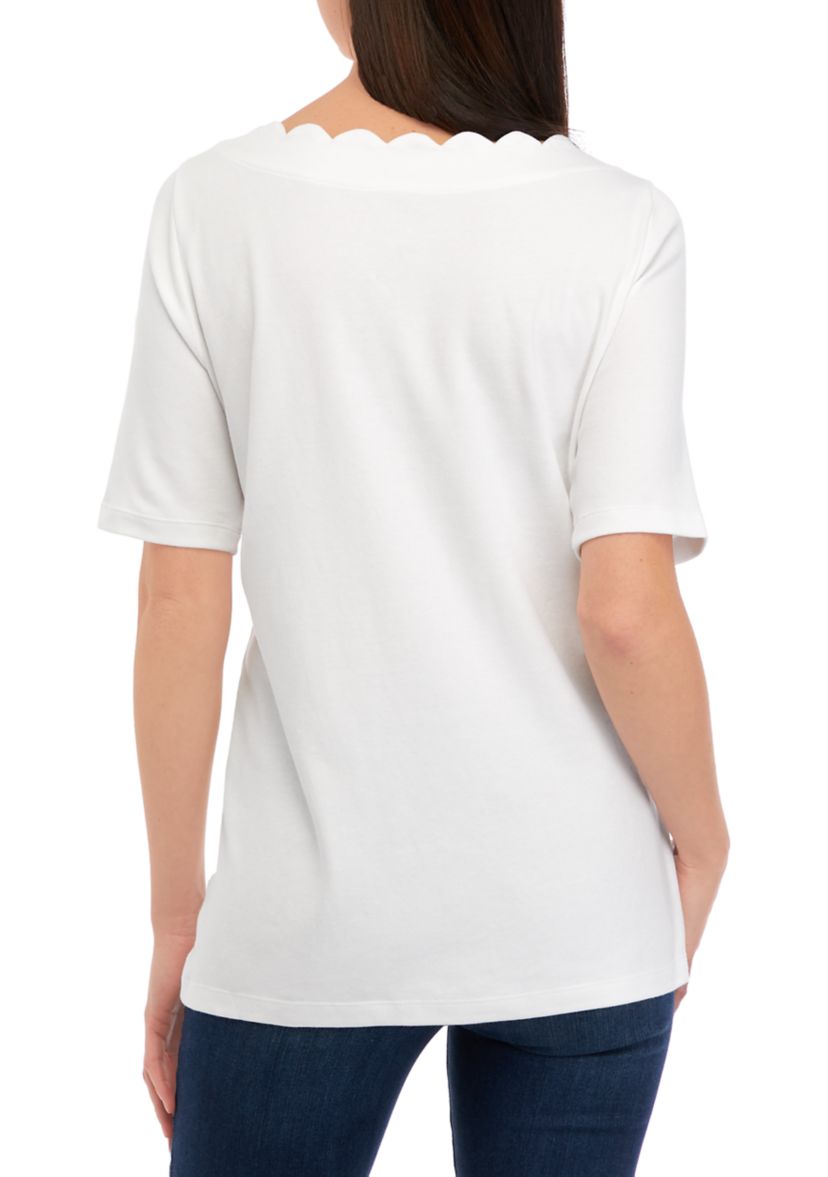 Womens Short Sleeve Scallop Solid Shirt