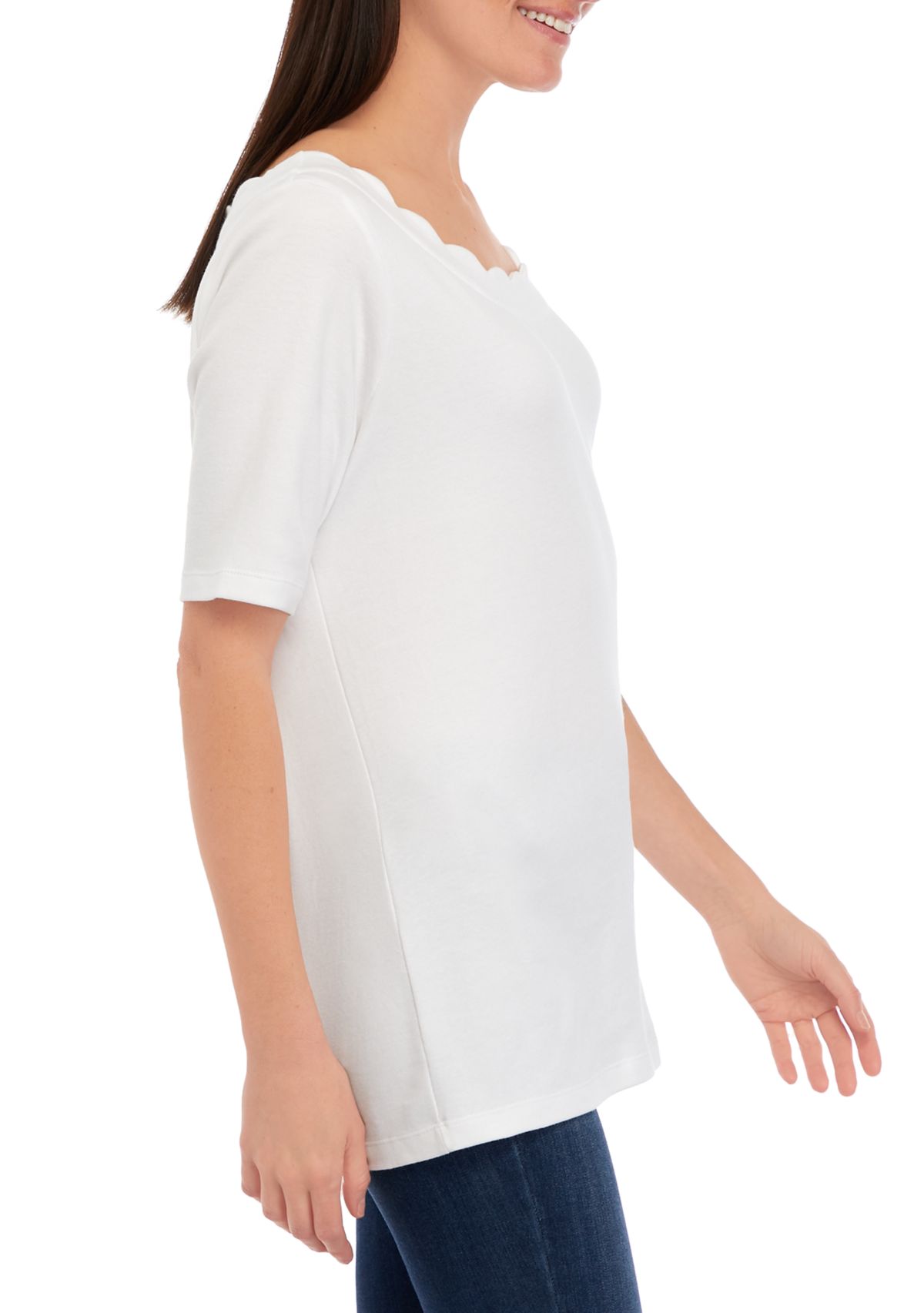 Womens Short Sleeve Scallop Solid Shirt