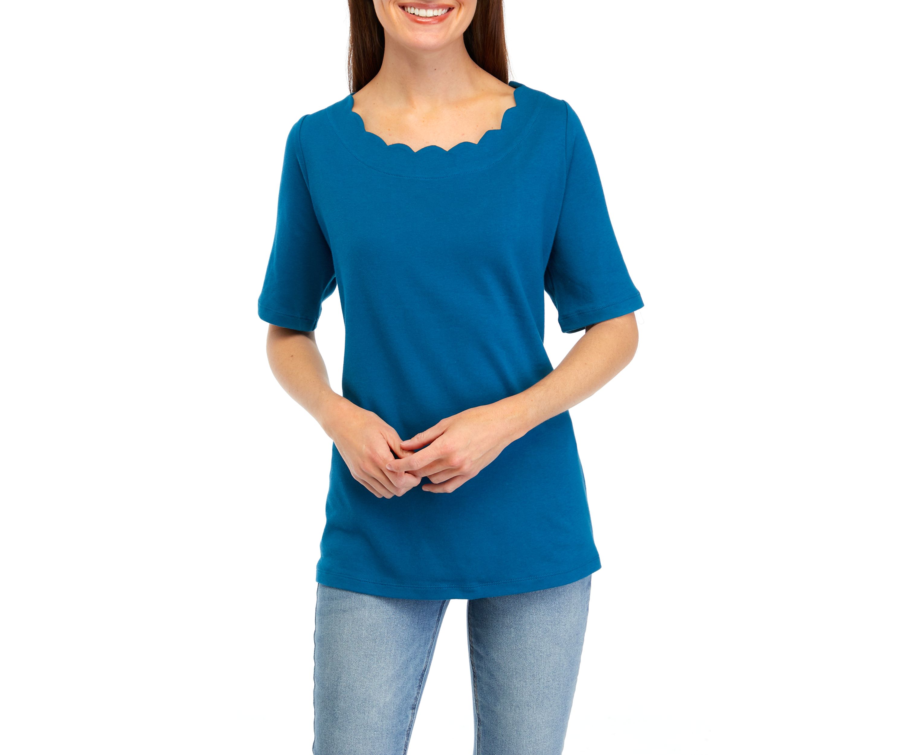 Womens Short Sleeve Solid Scalloped Shirt