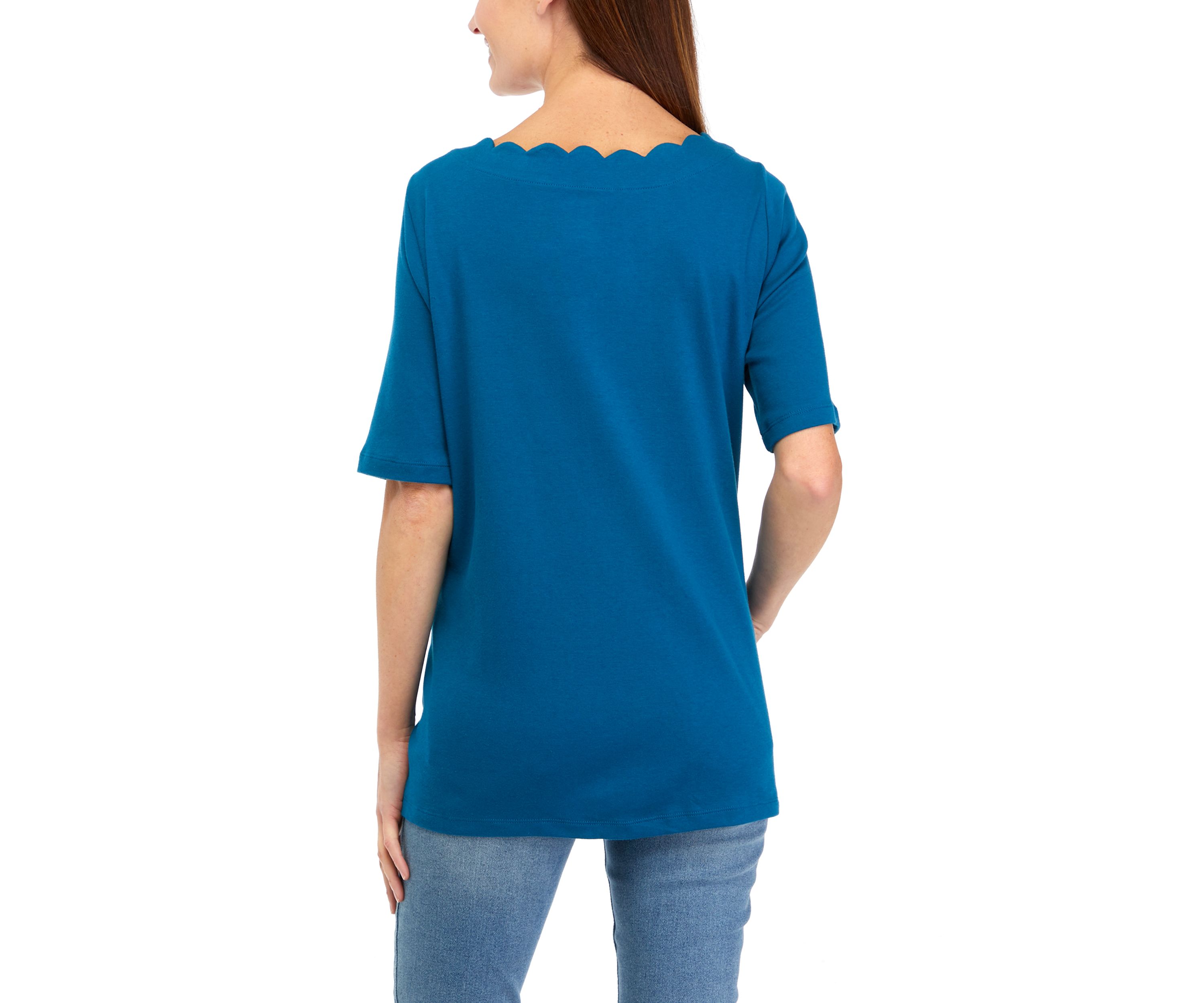 Womens Short Sleeve Solid Scalloped Shirt