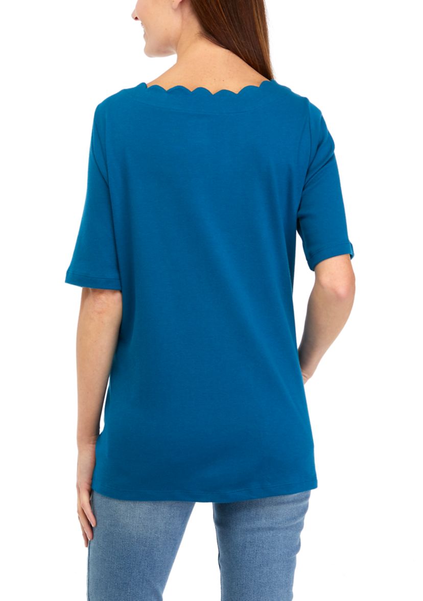 Womens Short Sleeve Solid Scalloped Shirt