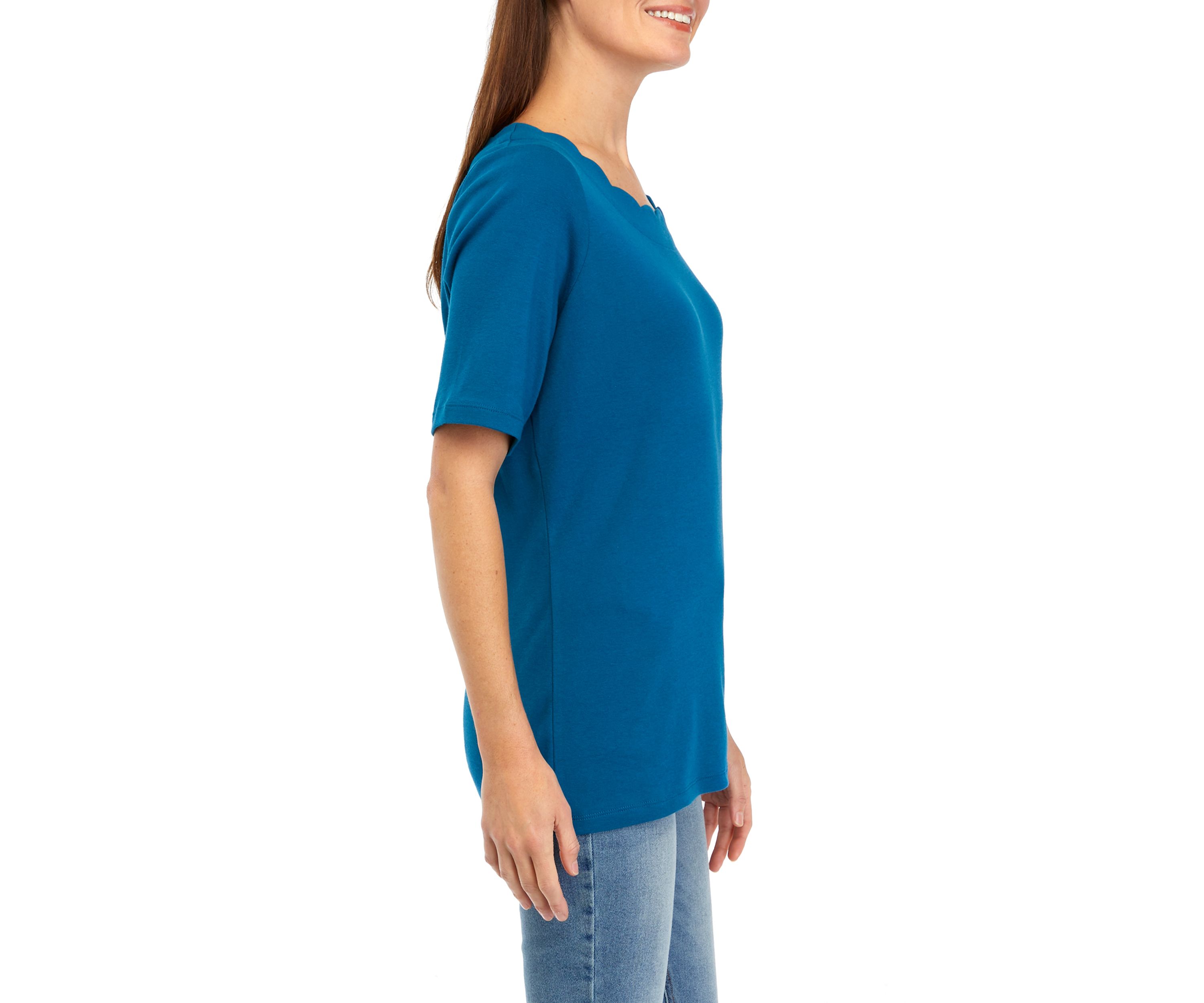 Womens Short Sleeve Solid Scalloped Shirt