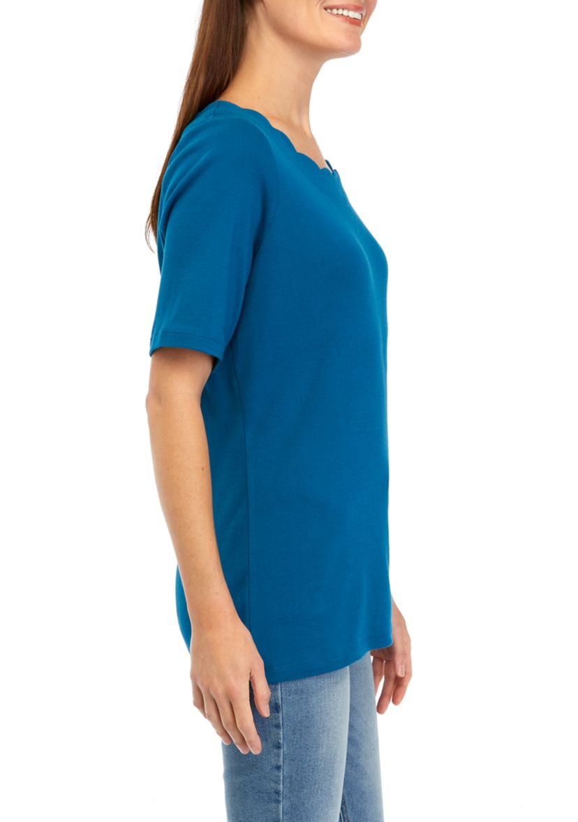 Womens Short Sleeve Solid Scalloped Shirt